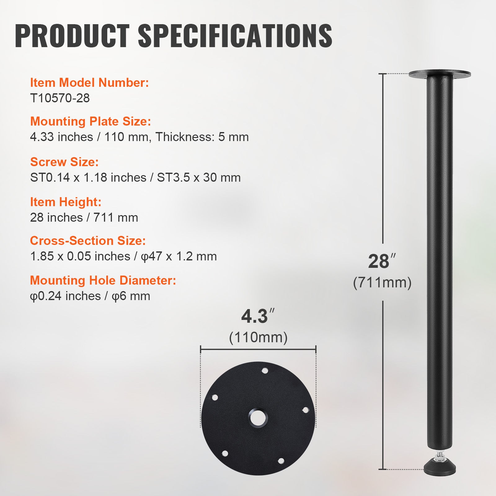 28 Inch Adjustable Desk Legs, Reinforced Steel Office Table Furniture legs Set of 4 for DIY, 1200 lbs Load Capacity Heavy Duty Desk Legs, Quick Instalation Legs with Adjustable Foot Cup Black