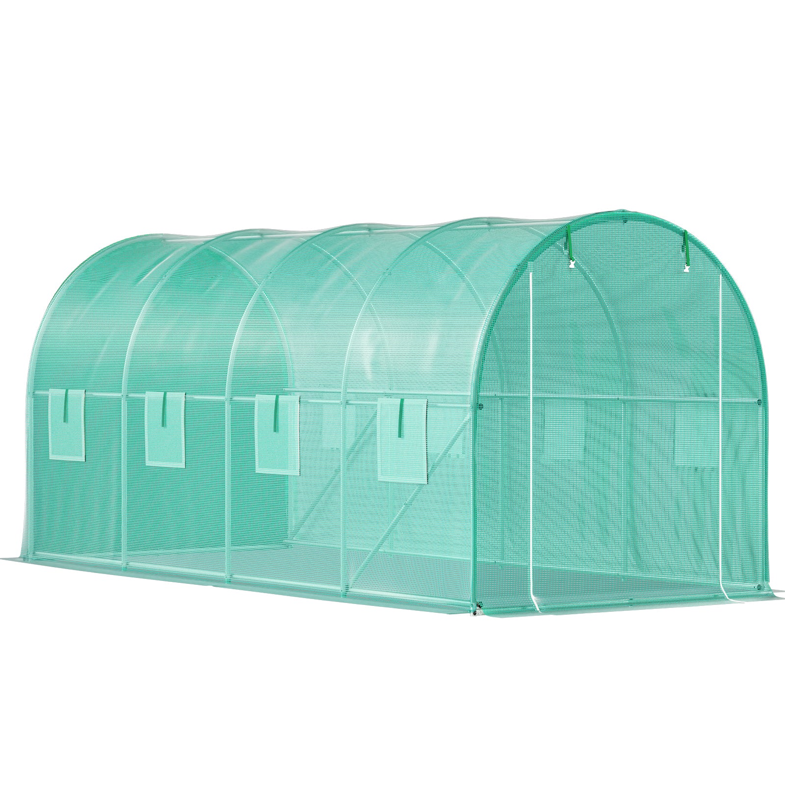 Walk-in Tunnel Greenhouse, 14.8 x 6.6 x 6.6 ft Portable Plant Hot House w/ Galvanized Steel Hoops, 1 Top Beam, Diagonal Poles, Zippered Door & 8 Roll-up Windows, Green