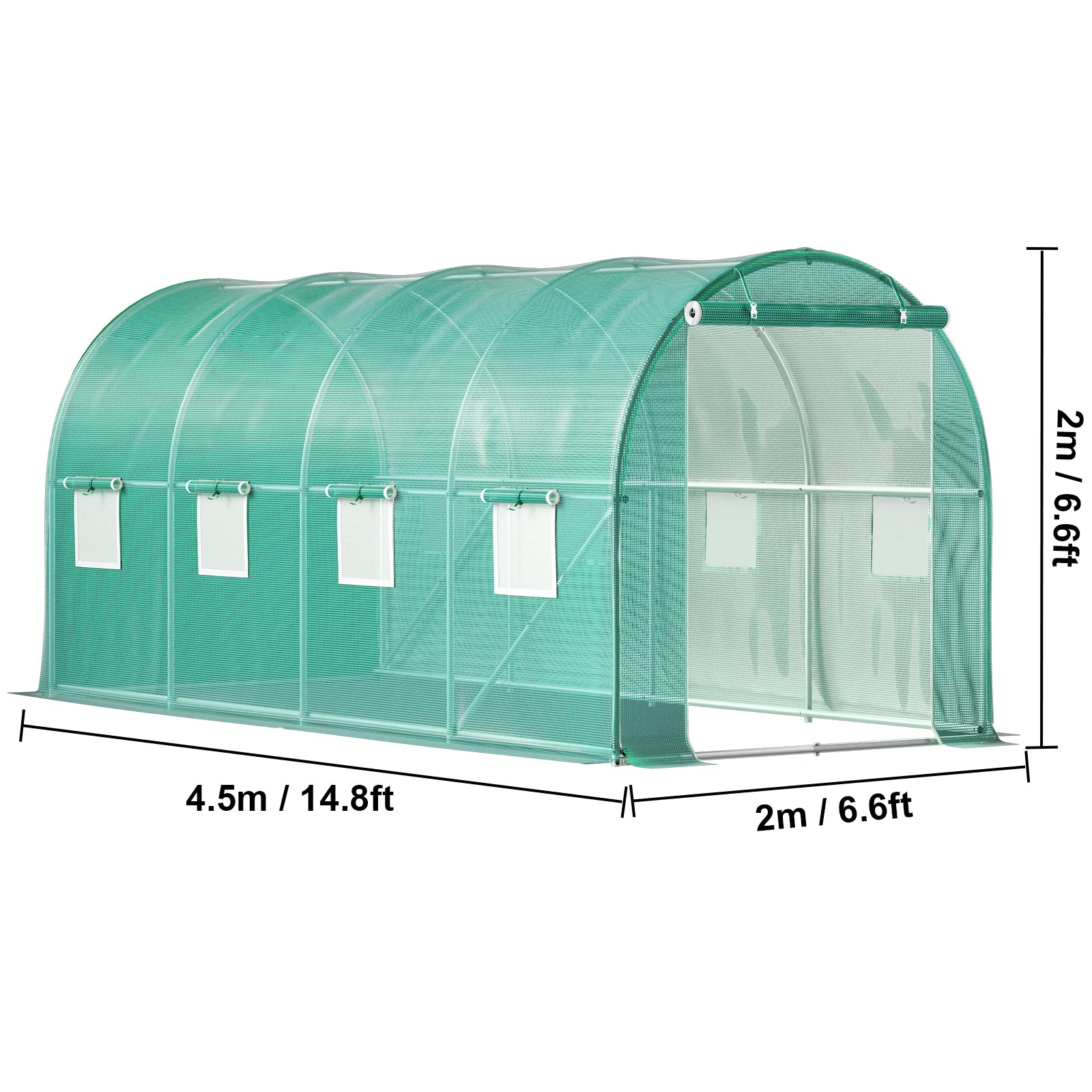 Walk-in Tunnel Greenhouse, 14.8 x 6.6 x 6.6 ft Portable Plant Hot House w/ Galvanized Steel Hoops, 1 Top Beam, Diagonal Poles, Zippered Door & 8 Roll-up Windows, Green