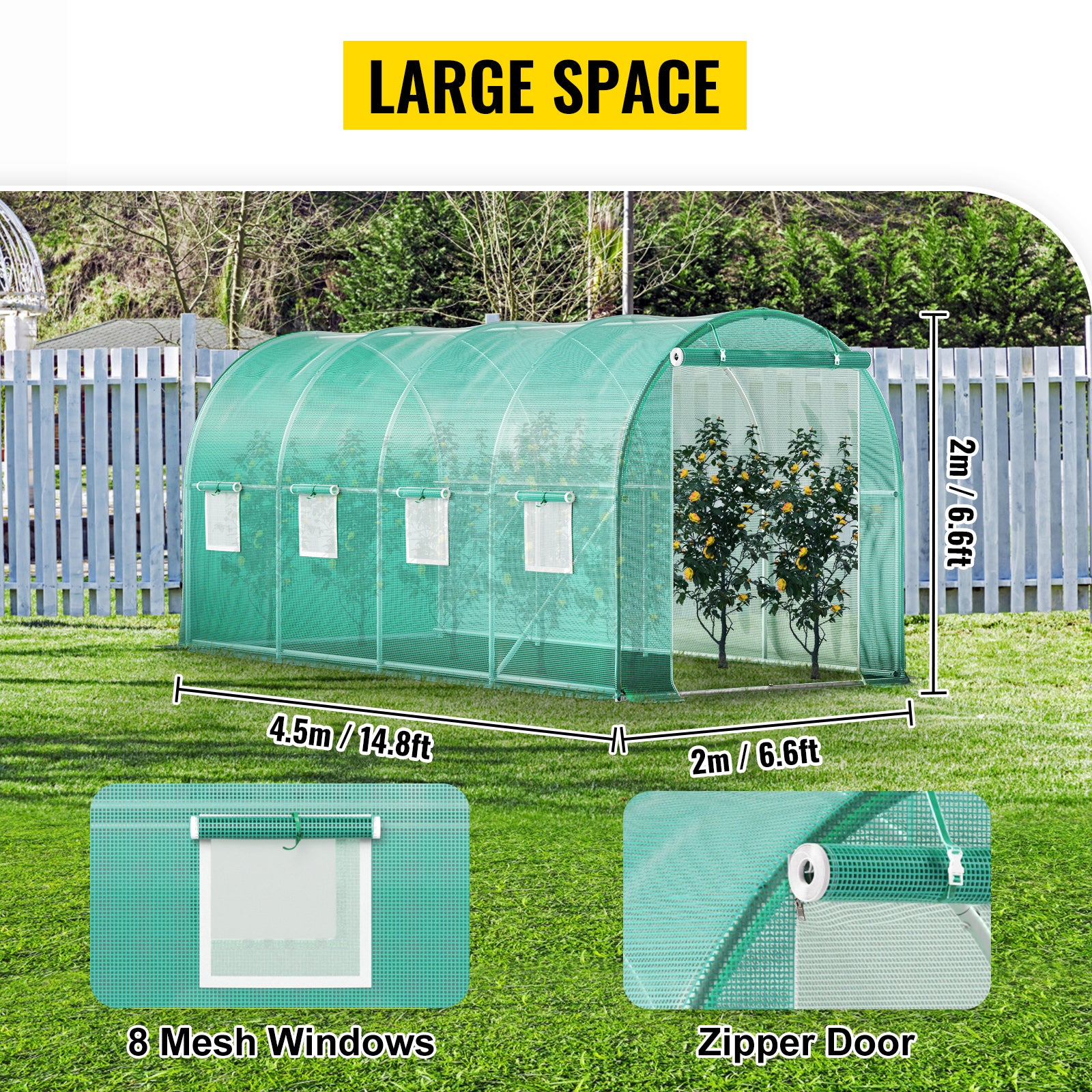Walk-in Tunnel Greenhouse, 14.8 x 6.6 x 6.6 ft Portable Plant Hot House w/ Galvanized Steel Hoops, 1 Top Beam, Diagonal Poles, Zippered Door & 8 Roll-up Windows, Green