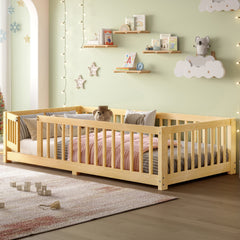 Twin Size Bed Floor Bed with Safety Guardrails and Door for Kids, Natural