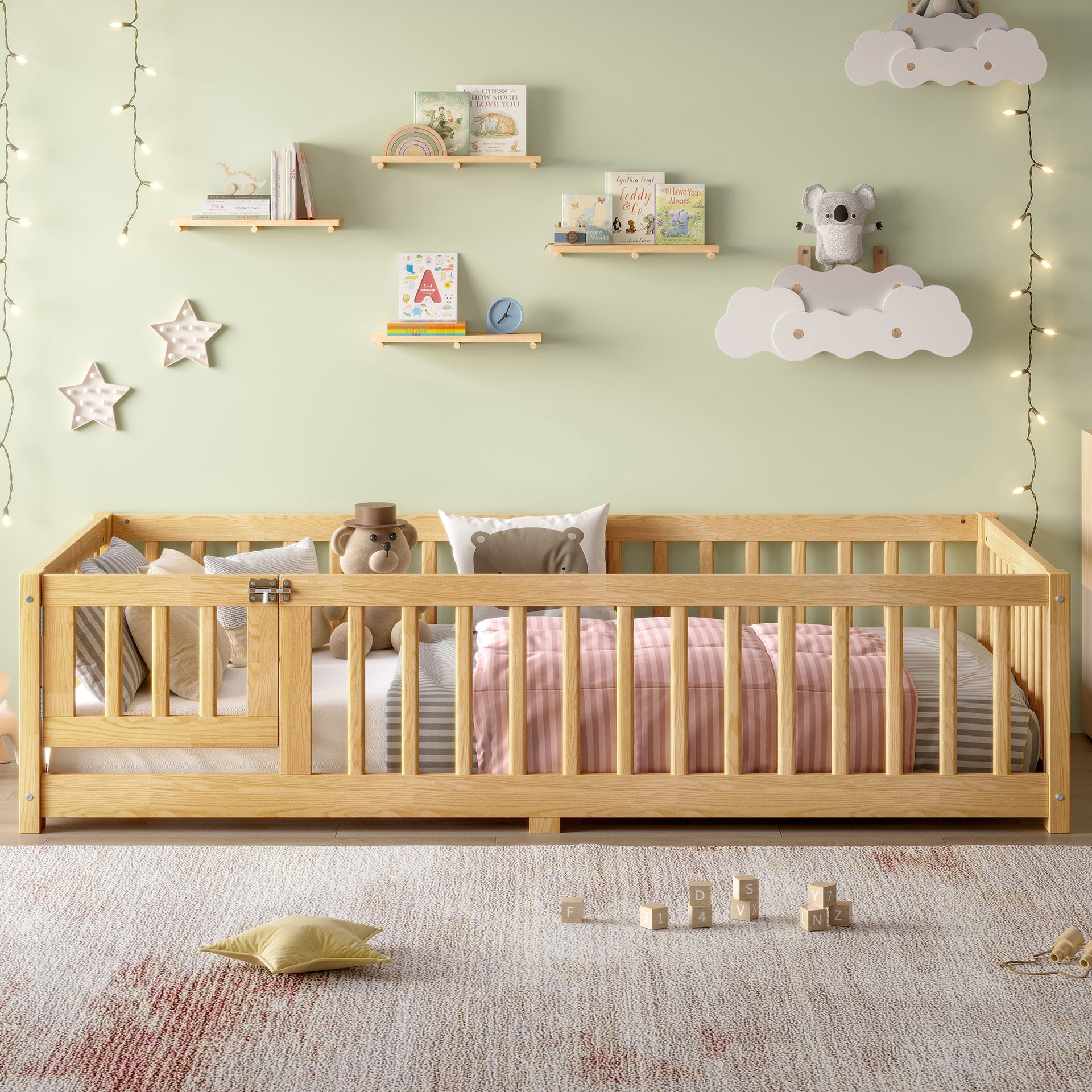 Twin Size Bed Floor Bed with Safety Guardrails and Door for Kids, Natural