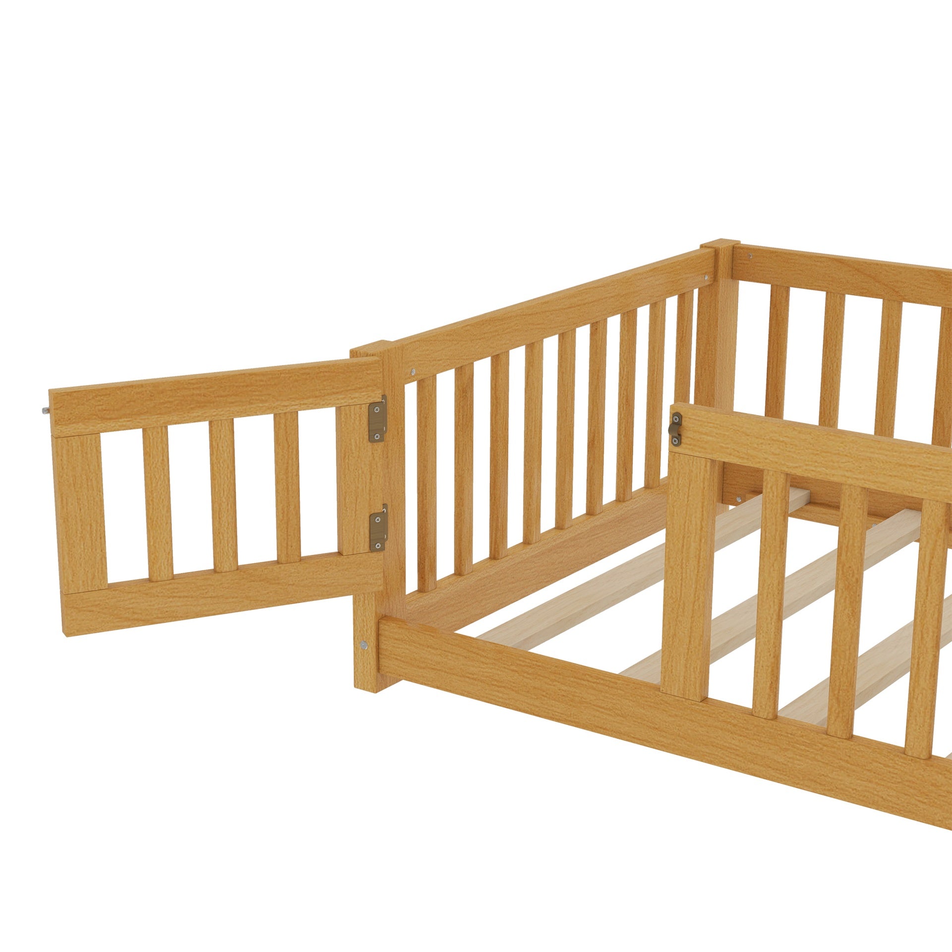 Twin Size Bed Floor Bed with Safety Guardrails and Door for Kids, Natural