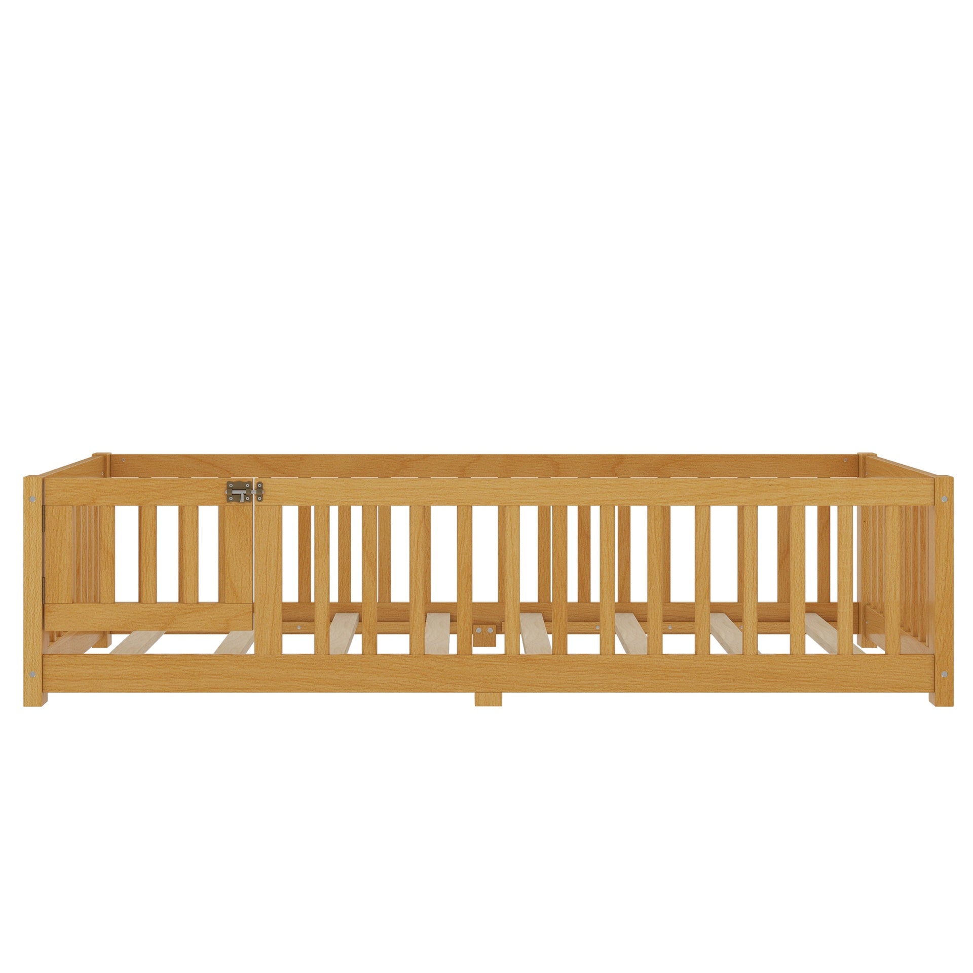 Twin Size Bed Floor Bed with Safety Guardrails and Door for Kids, Natural