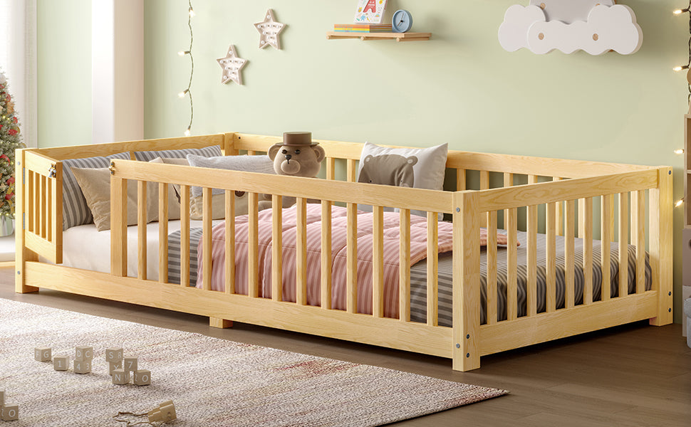 Twin Size Bed Floor Bed with Safety Guardrails and Door for Kids, Natural