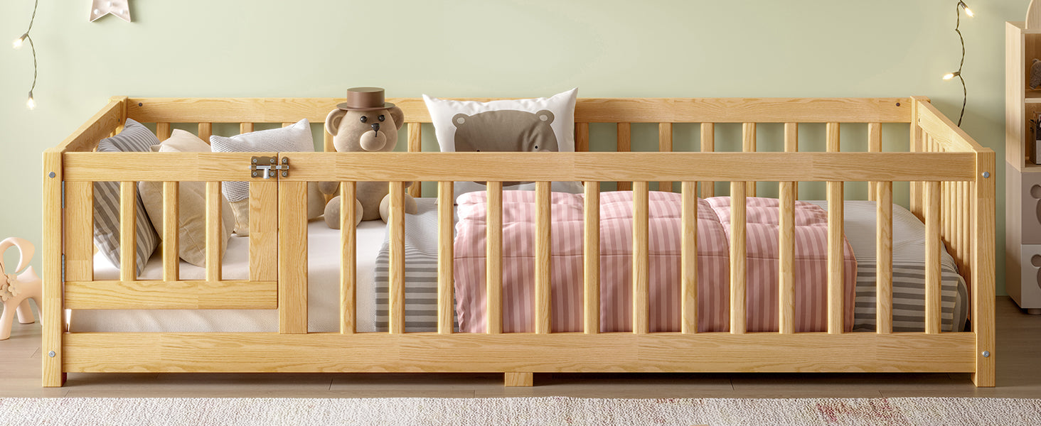 Twin Size Bed Floor Bed with Safety Guardrails and Door for Kids, Natural