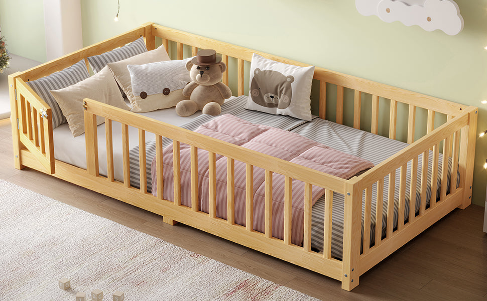 Twin Size Bed Floor Bed with Safety Guardrails and Door for Kids, Natural