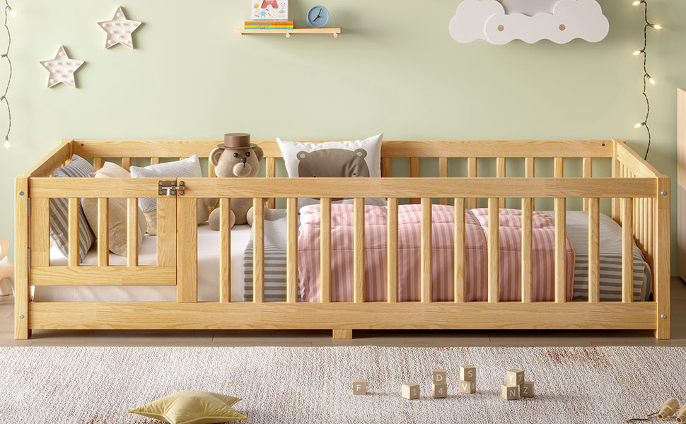 Twin Size Bed Floor Bed with Safety Guardrails and Door for Kids, Natural