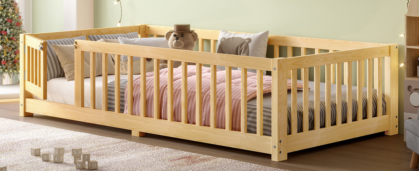 Twin Size Bed Floor Bed with Safety Guardrails and Door for Kids, Natural