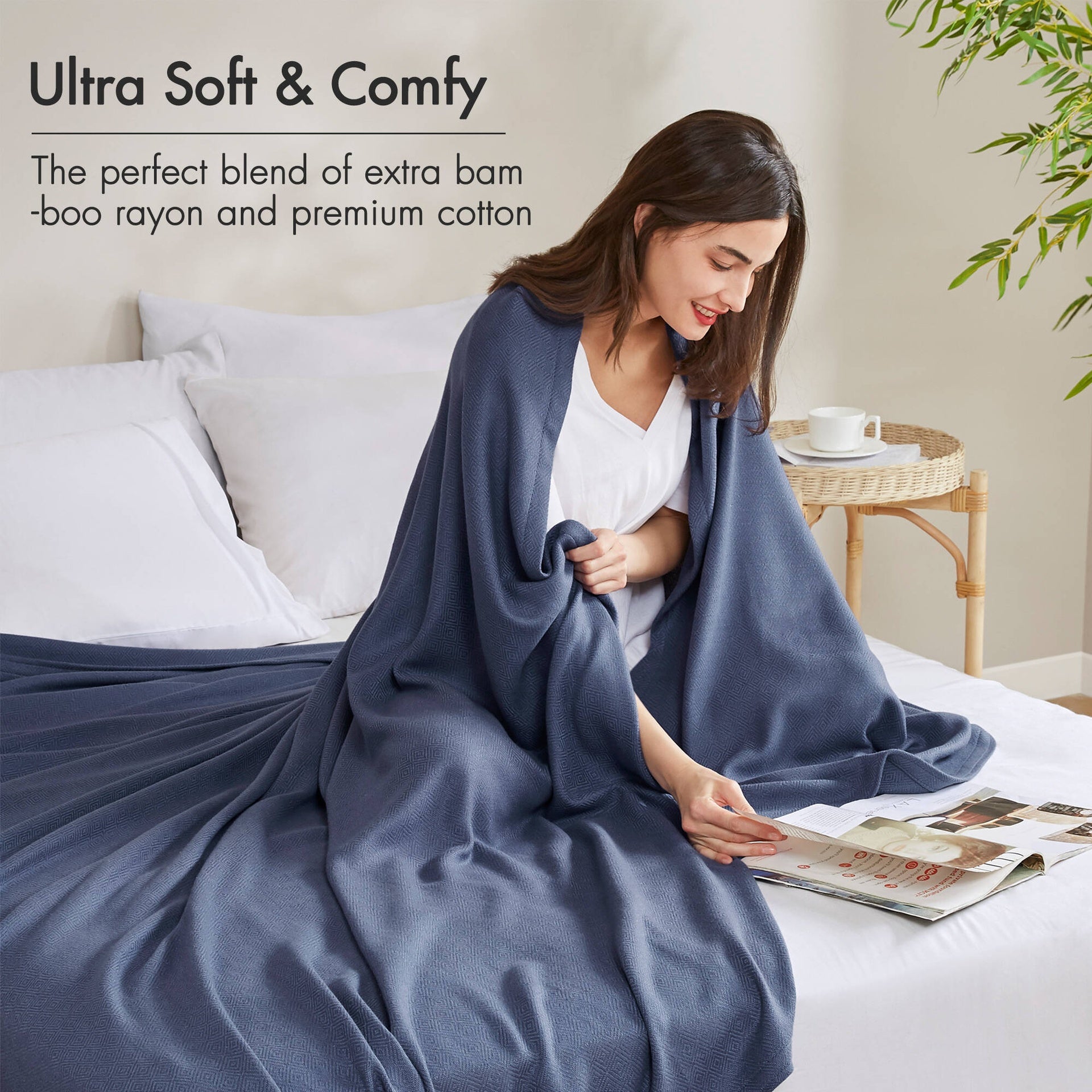 1-Piece Full/Queen Rayon from Bamboo Cotton Blanket,Navy