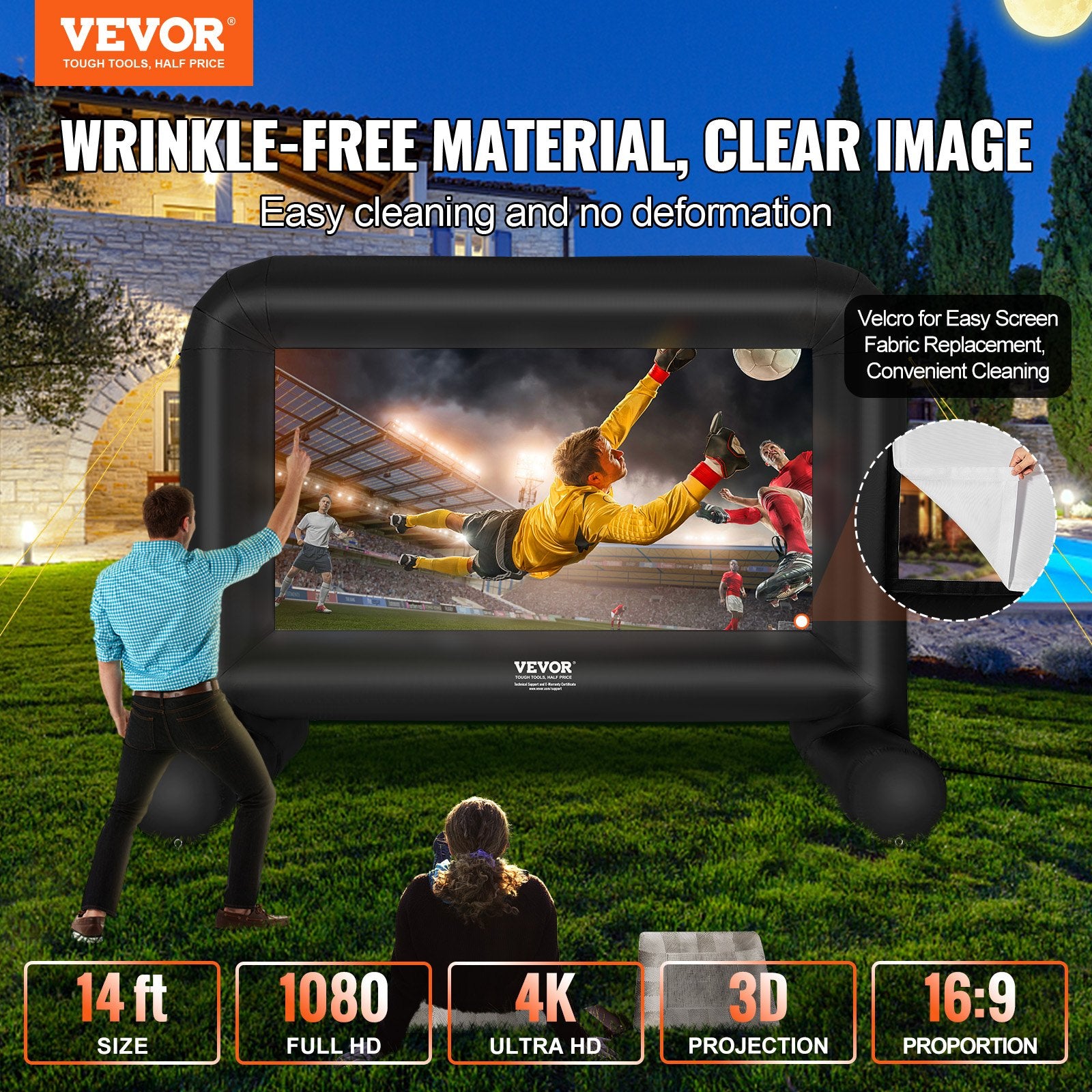 Inflatable Movie Screen, 14 FT (168inch)Inflatable Projector Screen, Front/Rear Projection, Oxford Fabric Blow Up Screen for Outdoor Parties Backyard Movie Night