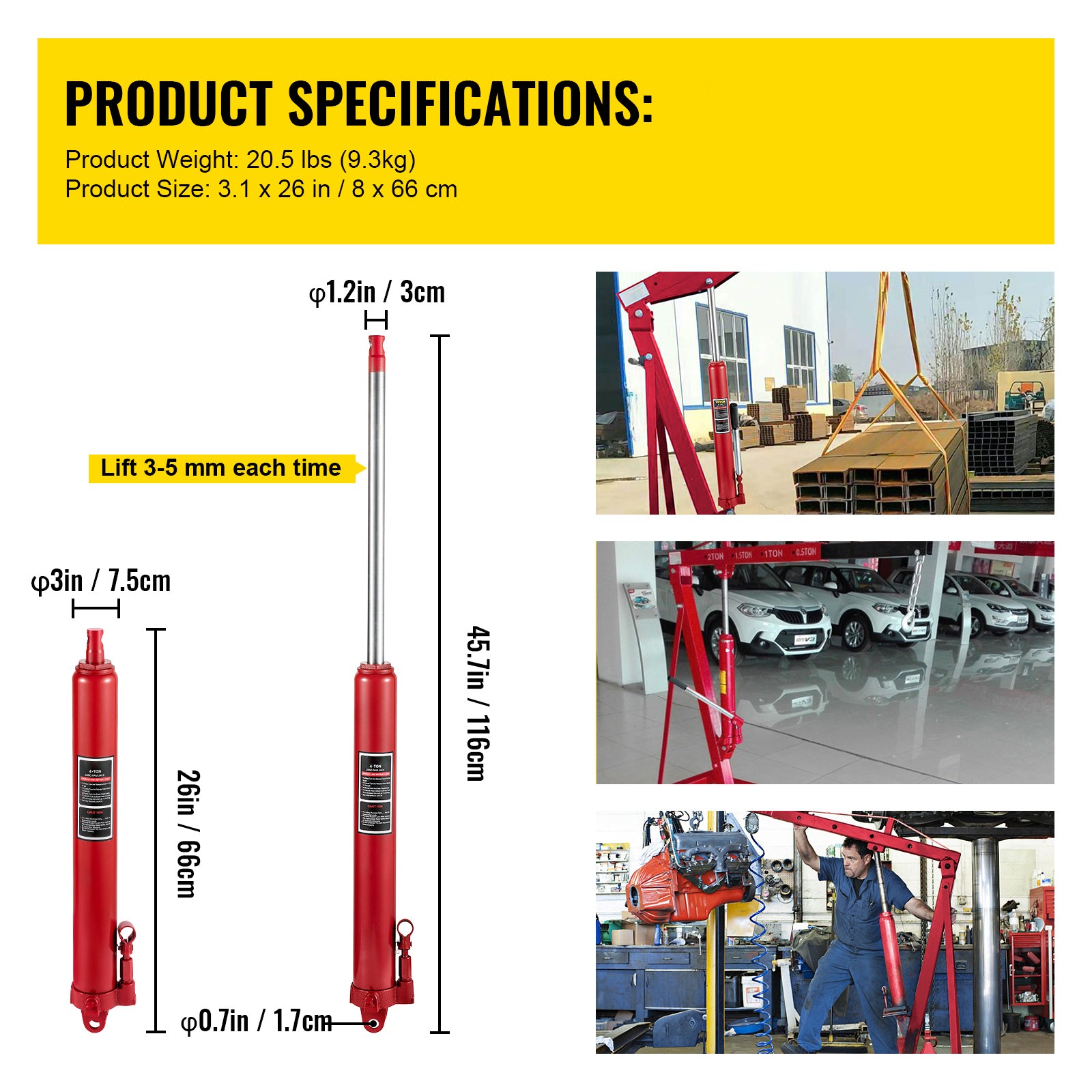 Hydraulic Long Ram Jack, 8 Tons/17363 lbs Capacity, with Single Piston Pump and Clevis Base, Manual Cherry Picker w/Handle, for Garage/Shop Cranes, Engine Lift Hoist, Red