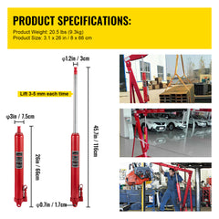 Hydraulic Long Ram Jack, 8 Tons/17363 lbs Capacity, with Single Piston Pump and Clevis Base, Manual Cherry Picker w/Handle, for Garage/Shop Cranes, Engine Lift Hoist, Red