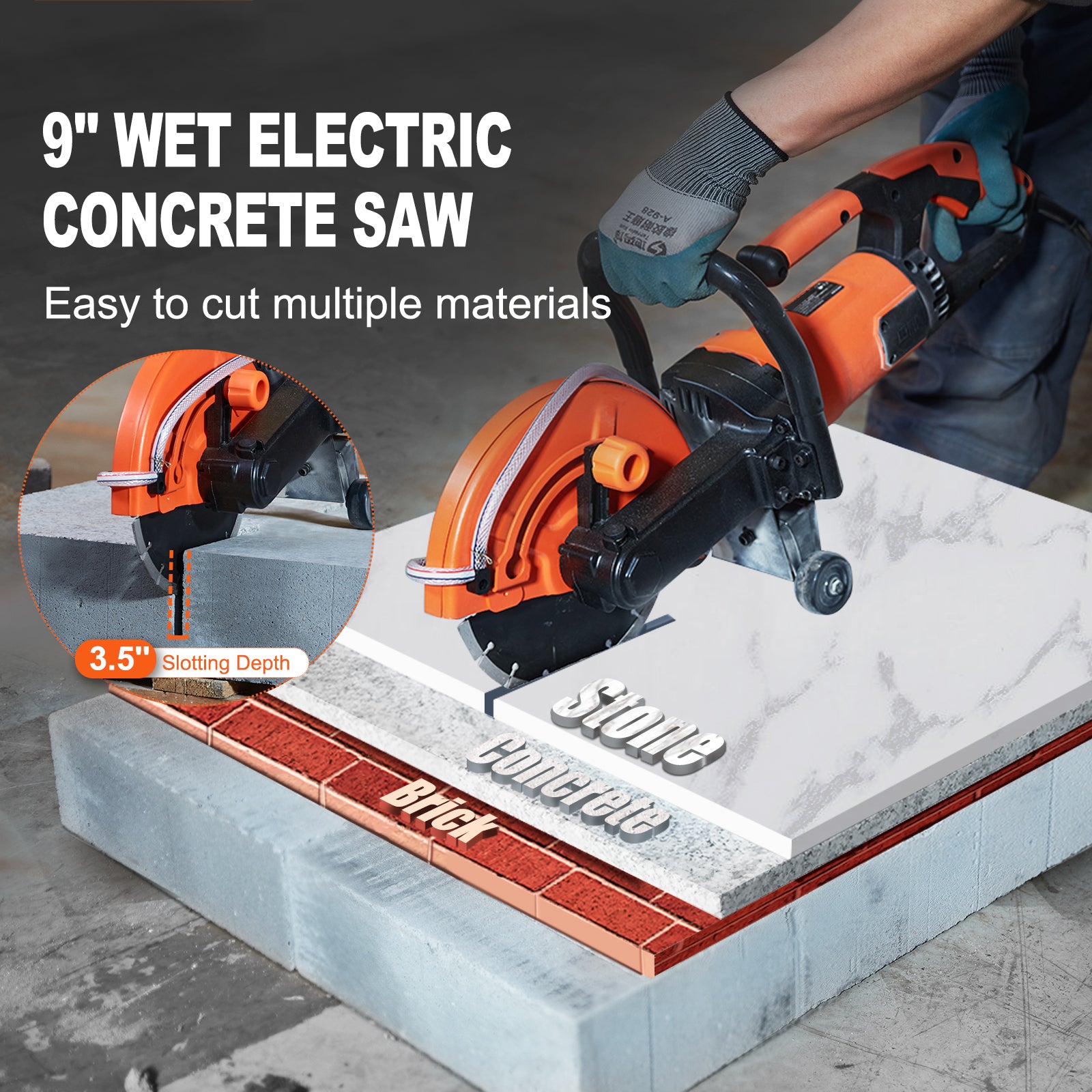 Electric Concrete Saw, 9 in, 1800 W 15 A Motor Circular Saw Cutter with 3.5 in Cutting Depth, Wet/Dry Disk Saw Cutter Includes Water Line, Pump and Blade, for Stone, Brick