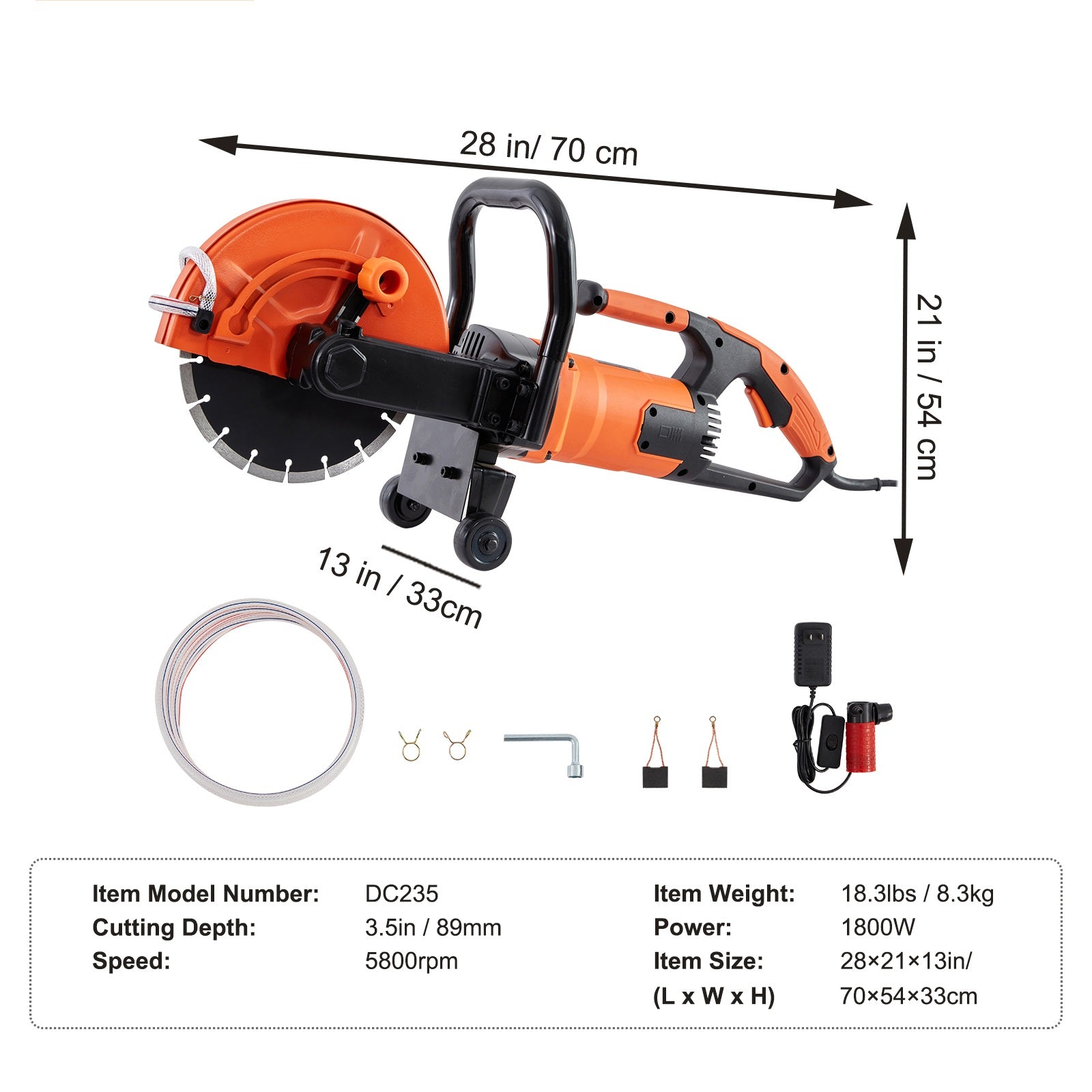 Electric Concrete Saw, 9 in, 1800 W 15 A Motor Circular Saw Cutter with 3.5 in Cutting Depth, Wet/Dry Disk Saw Cutter Includes Water Line, Pump and Blade, for Stone, Brick