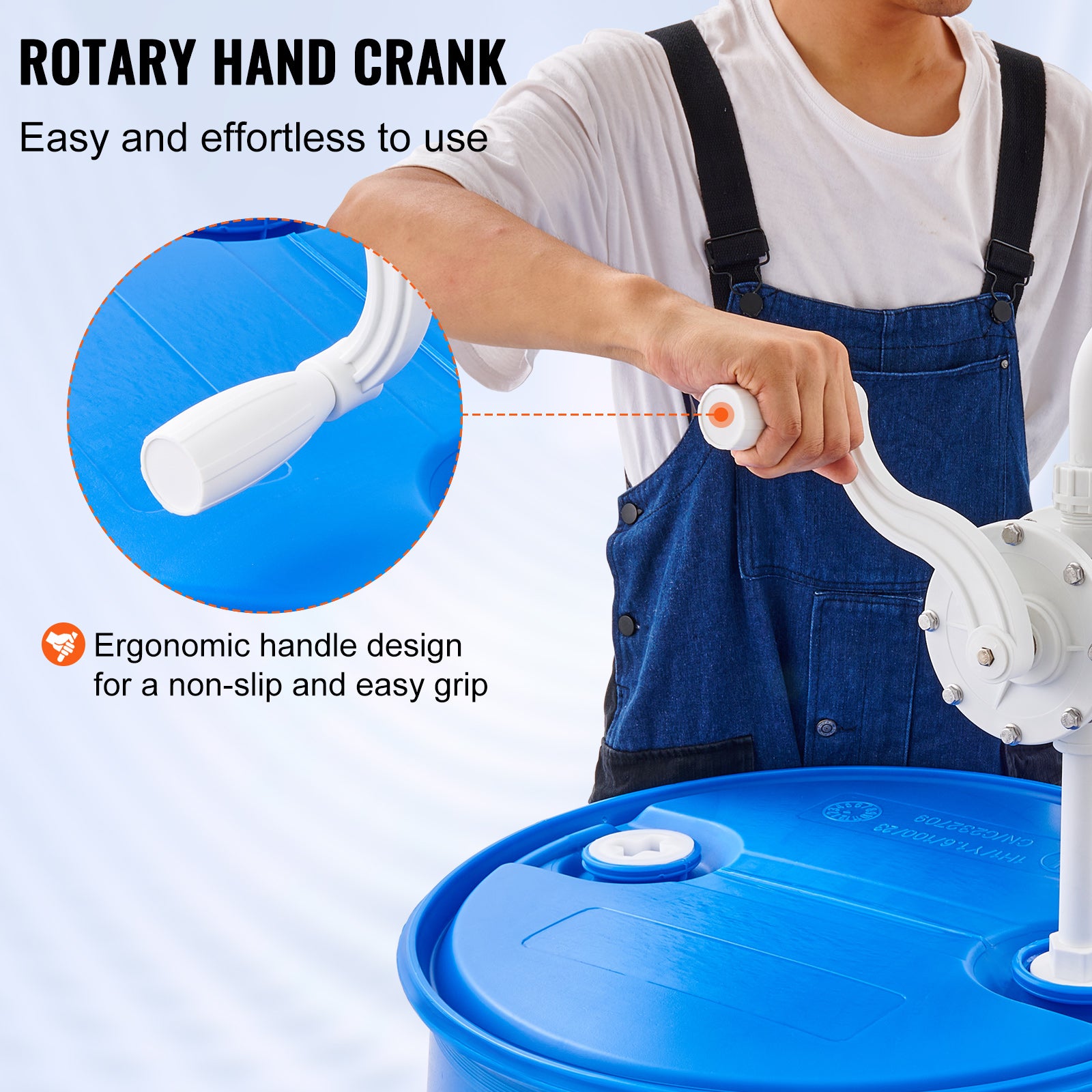 Drum Pump, 6.5 GPM Flow, Rotary Barrel Pump Hand Crank, Fits 5 to 55 Gallon Drums with 3-Section Suction Tube Assembly and Hose, Designed for Fast Transfer of Water, Alcohol, Corrosive Liquids