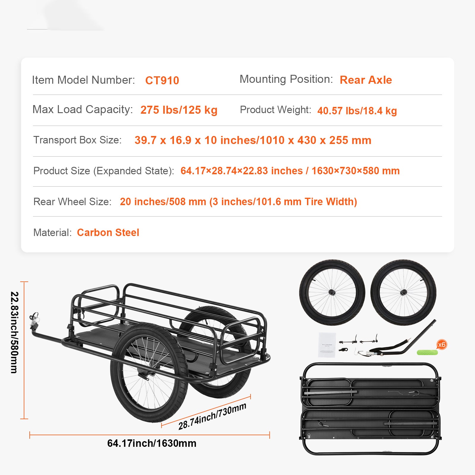 Bike Cargo Trailer, 275 lbs Load Capacity, Heavy-Duty Bicycle Wagon Cart, Foldable Compact Storage & Quick Release with Universal Hitch, 20" Wheels, Fits Most Bike Wheels, Carbon Steel Frame