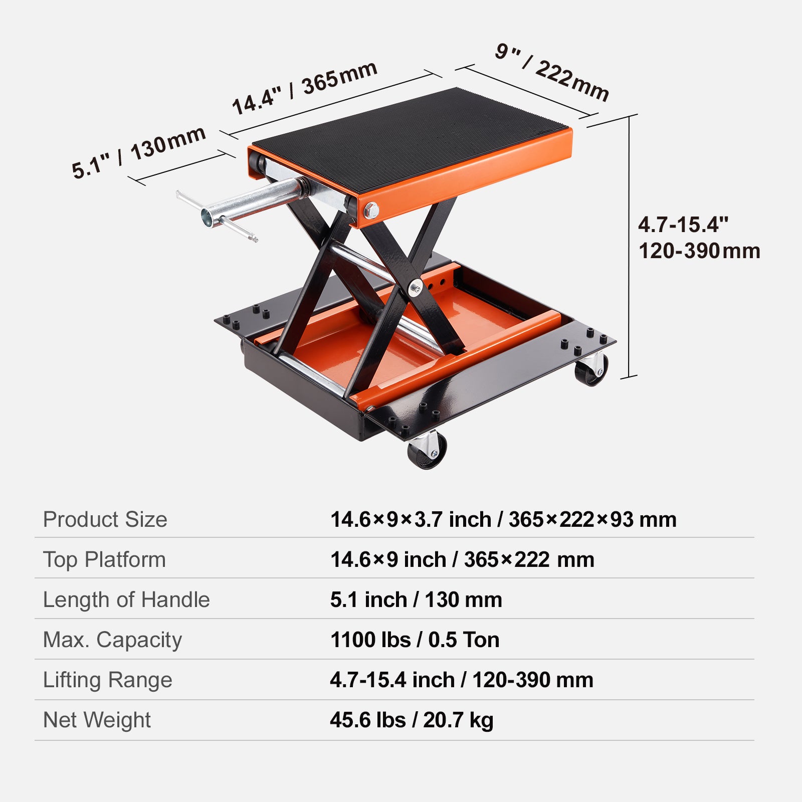 Motorcycle Lift, 1100 LBS Motorcycle Lift ATV Scissor Lift Jack with Dolly & Hand Crank, Center Hoist Crank Stand with Wide Deck & Tool Tray for Street Bikes, Cruiser Bikes, Touring Motorcycles