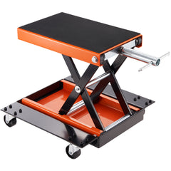 Motorcycle Lift, 1100 LBS Motorcycle Lift ATV Scissor Lift Jack with Dolly & Hand Crank, Center Hoist Crank Stand with Wide Deck & Tool Tray for Street Bikes, Cruiser Bikes, Touring Motorcycles