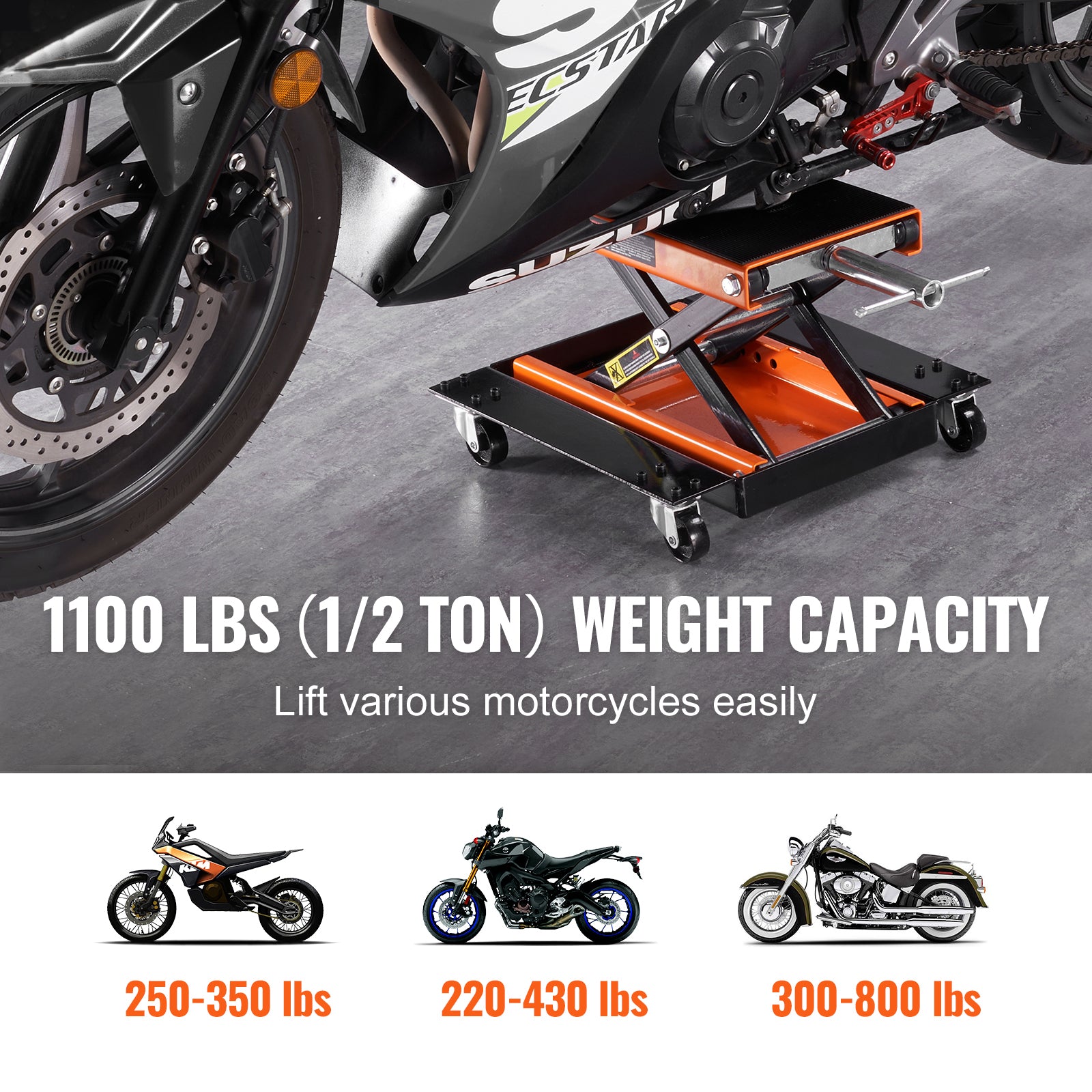 Motorcycle Lift, 1100 LBS Motorcycle Lift ATV Scissor Lift Jack with Dolly & Hand Crank, Center Hoist Crank Stand with Wide Deck & Tool Tray for Street Bikes, Cruiser Bikes, Touring Motorcycles