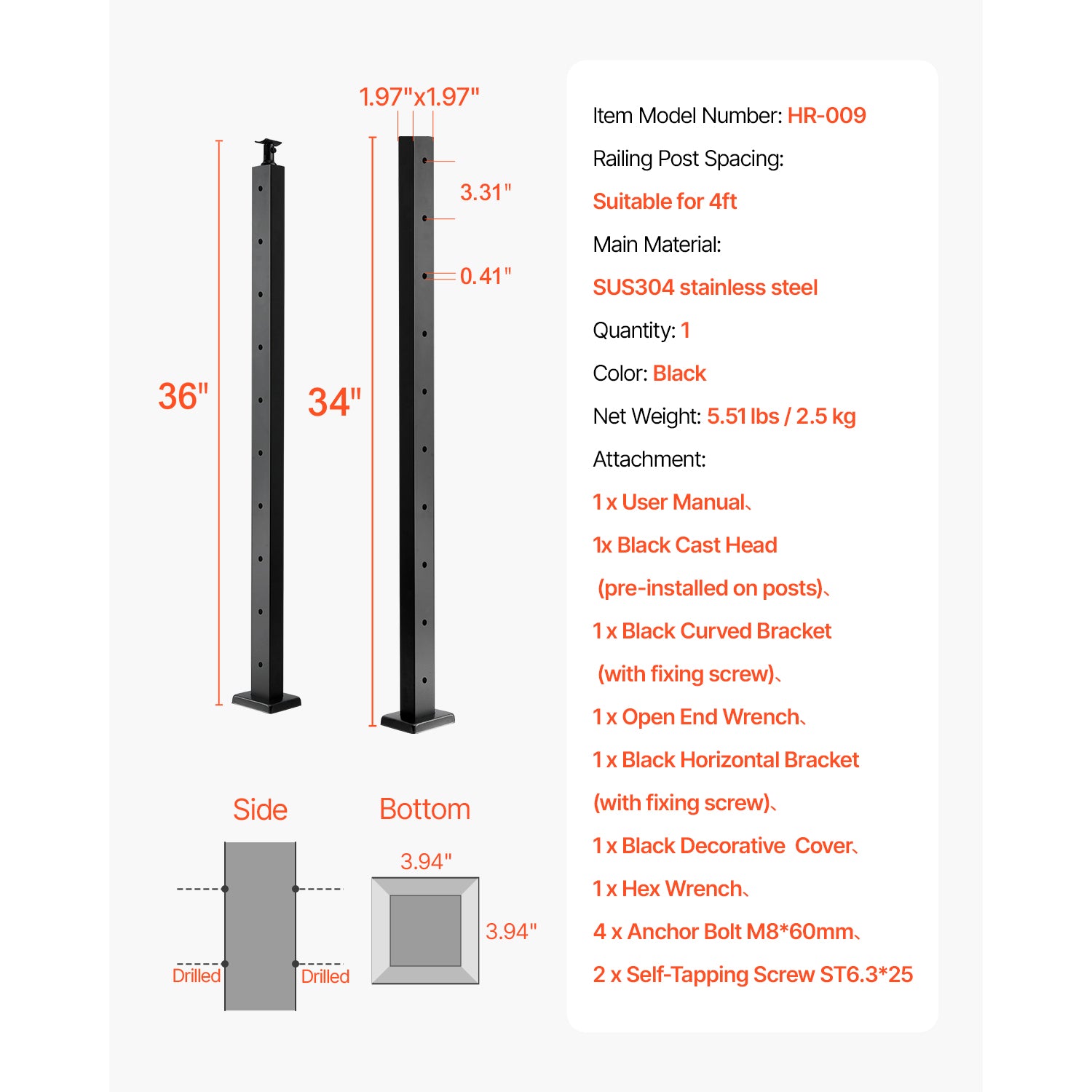 1-Pack Cable Railing Post, 36x2x2 In Horizontal-Hole Deck Railing Post with Pre-Drilled Holes, Stainless Steel Cable Rail Post with Horizontal and Curved Bracket, Black, 1JZLGZXHS9148RVYS001V0