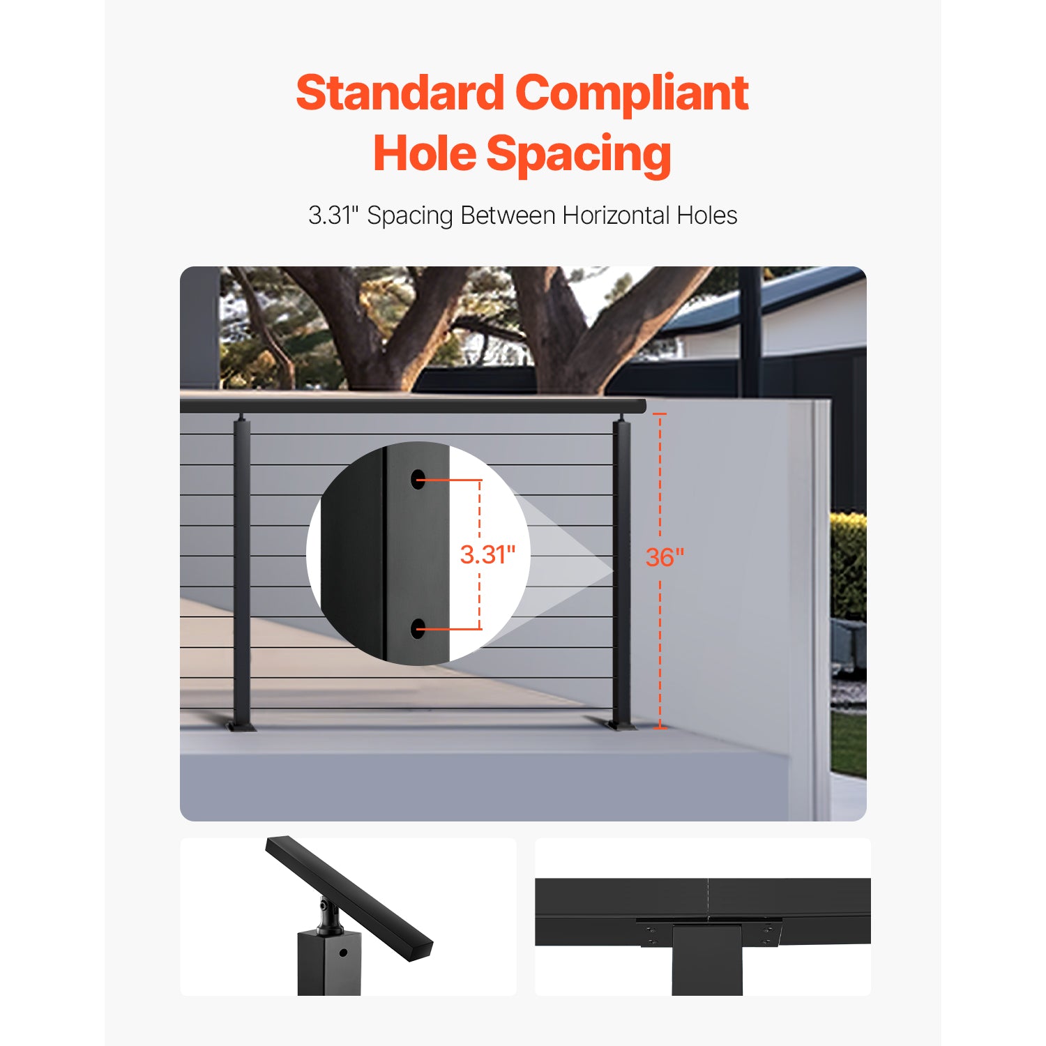 1-Pack Cable Railing Post, 36x2x2 In Horizontal-Hole Deck Railing Post with Pre-Drilled Holes, Stainless Steel Cable Rail Post with Horizontal and Curved Bracket, Black, 1JZLGZXHS9148RVYS001V0