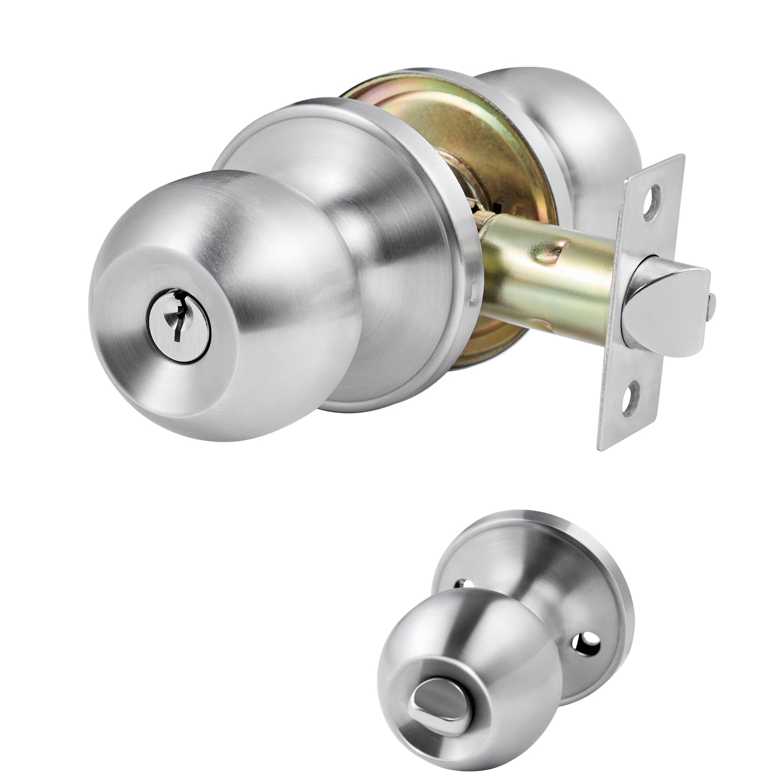 Round Privacy Door Knob for Bedroom Bathroom Satin Nickel Knob Keyed Entry