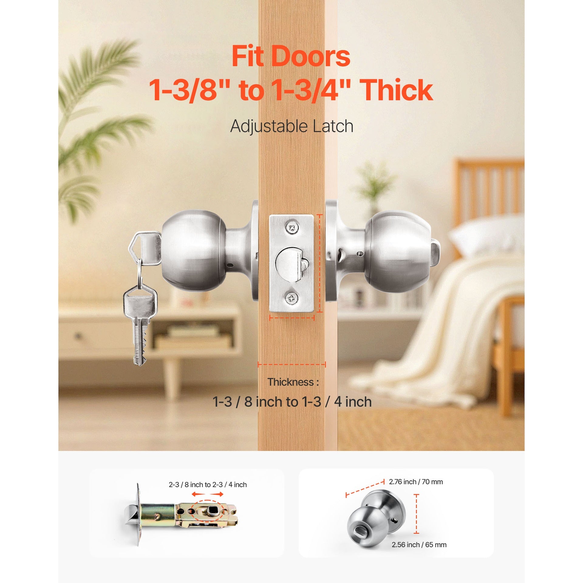 Round Privacy Door Knob for Bedroom Bathroom Satin Nickel Knob Keyed Entry
