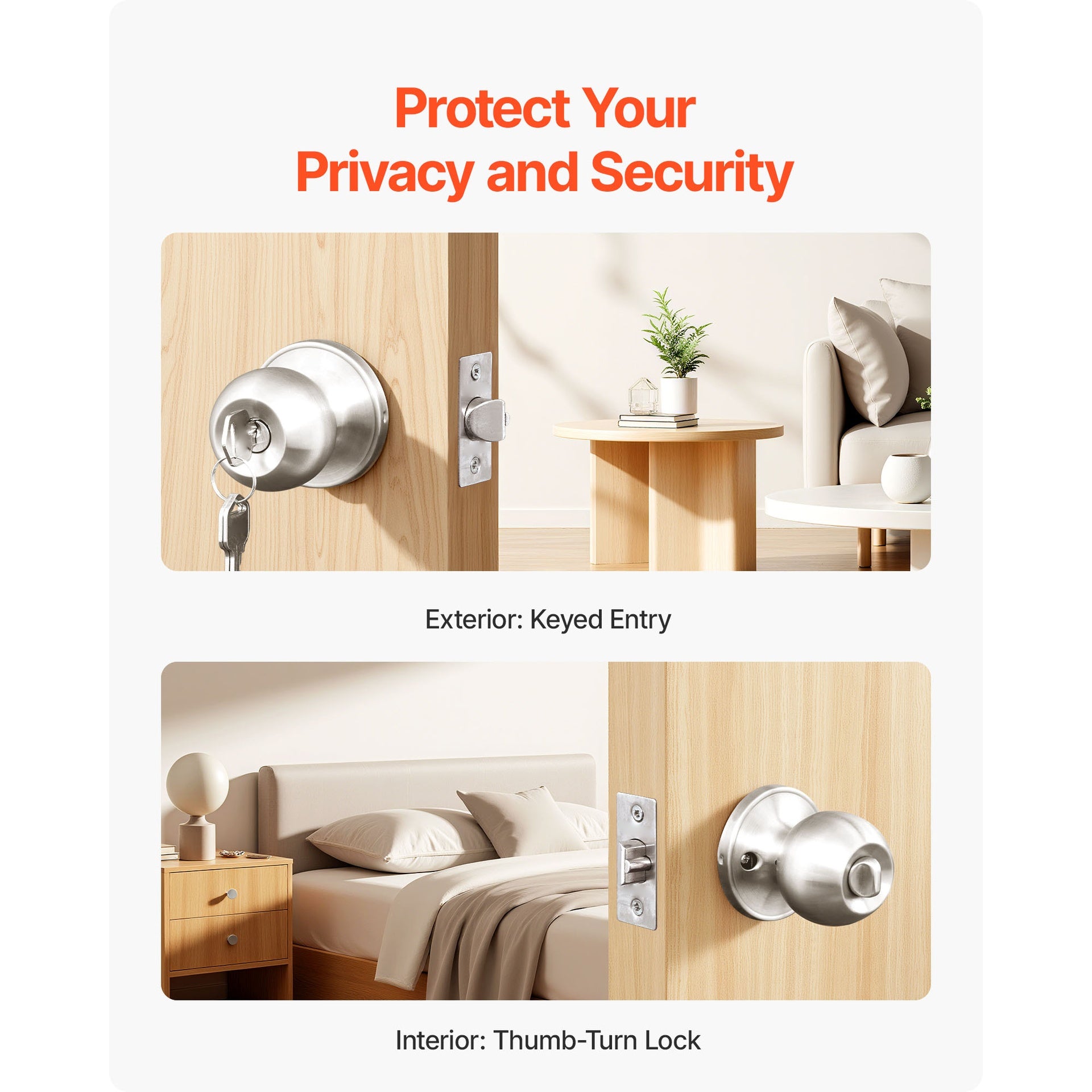 Round Privacy Door Knob for Bedroom Bathroom Satin Nickel Knob Keyed Entry