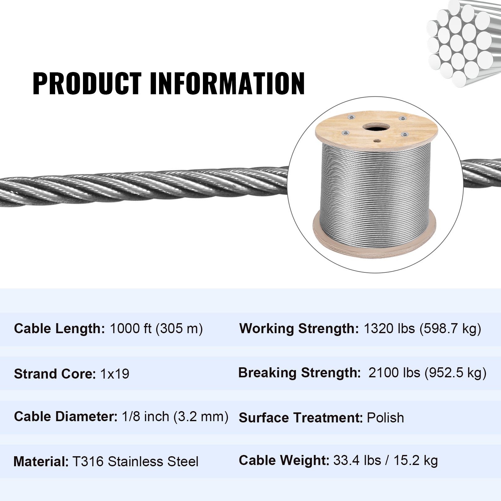 T316 Stainless Steel Cable, 1/8'' x 1000 ft, Braided Aircraft Wire Rope with 1x19 Strands Construction, 2100 lbs Breaking Strength, for Deck Railing Stair Handrail Balusters Porch Fence