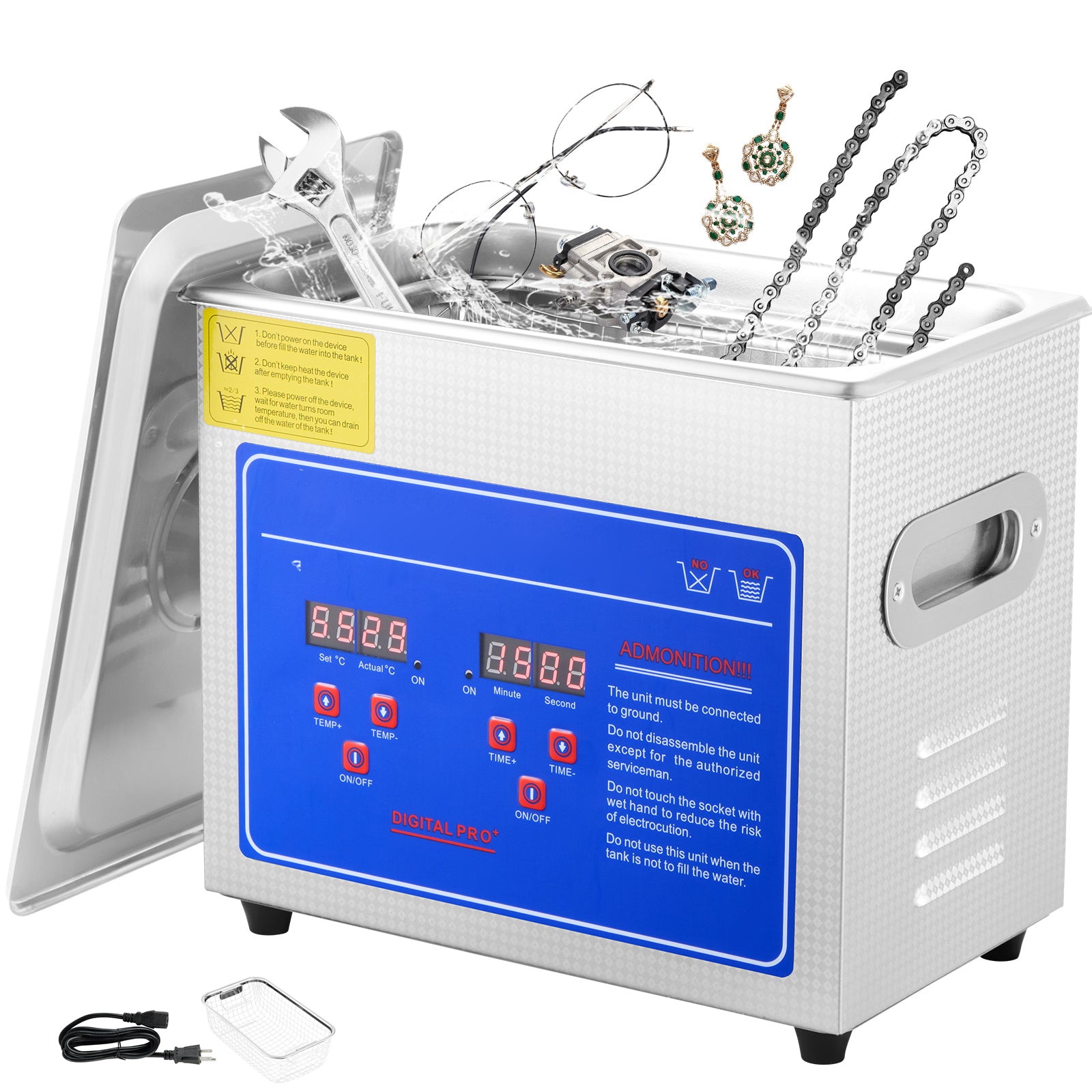 Ultrasonic Cleaner with Digital Timer & Heater, Professional Ultra Sonic Jewelry Cleaner, Stainless Steel Heated Cleaning Machine for Glasses Watch Rings Small Parts Circuit Board (3L)