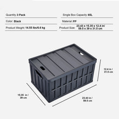 Collapsible Storage Bins with Lids, 65L 3 Packs, Folding Plastic Stackable Utility Crates with Handles, Large Heavy Duty Containers for Clothes, Toys, Books, Snack, Shoes, and Grocery Organizing