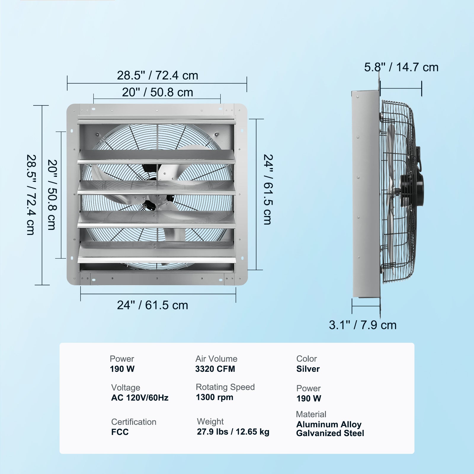 24'' Shutter Exhaust Fan, High-speed 3320 CFM, Aluminum Wall Mount Attic Fan with AC-motor, Ventilation and Cooling for Greenhouses, Garages, Sheds, Shops, FCC
