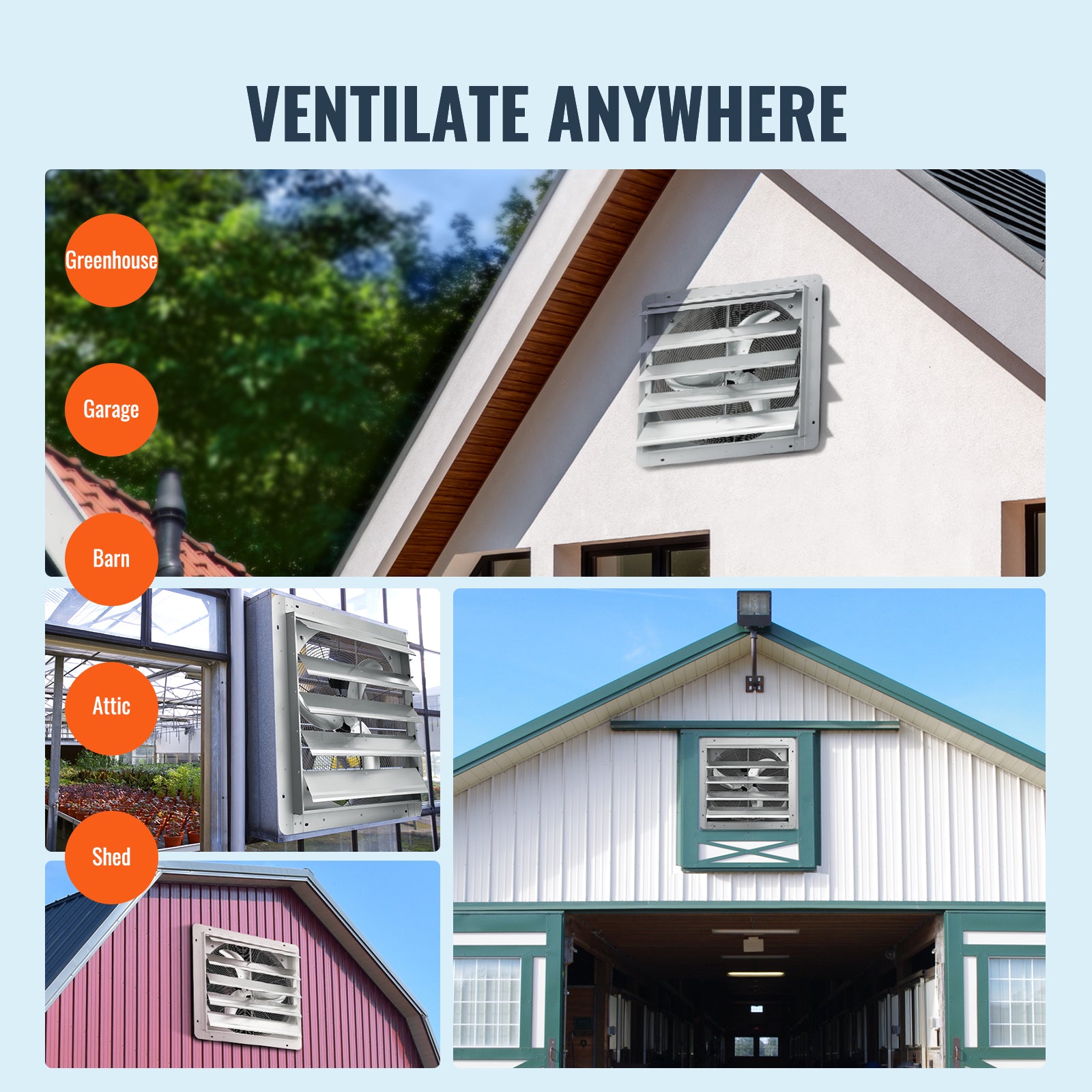 24'' Shutter Exhaust Fan, High-speed 3320 CFM, Aluminum Wall Mount Attic Fan with AC-motor, Ventilation and Cooling for Greenhouses, Garages, Sheds, Shops, FCC