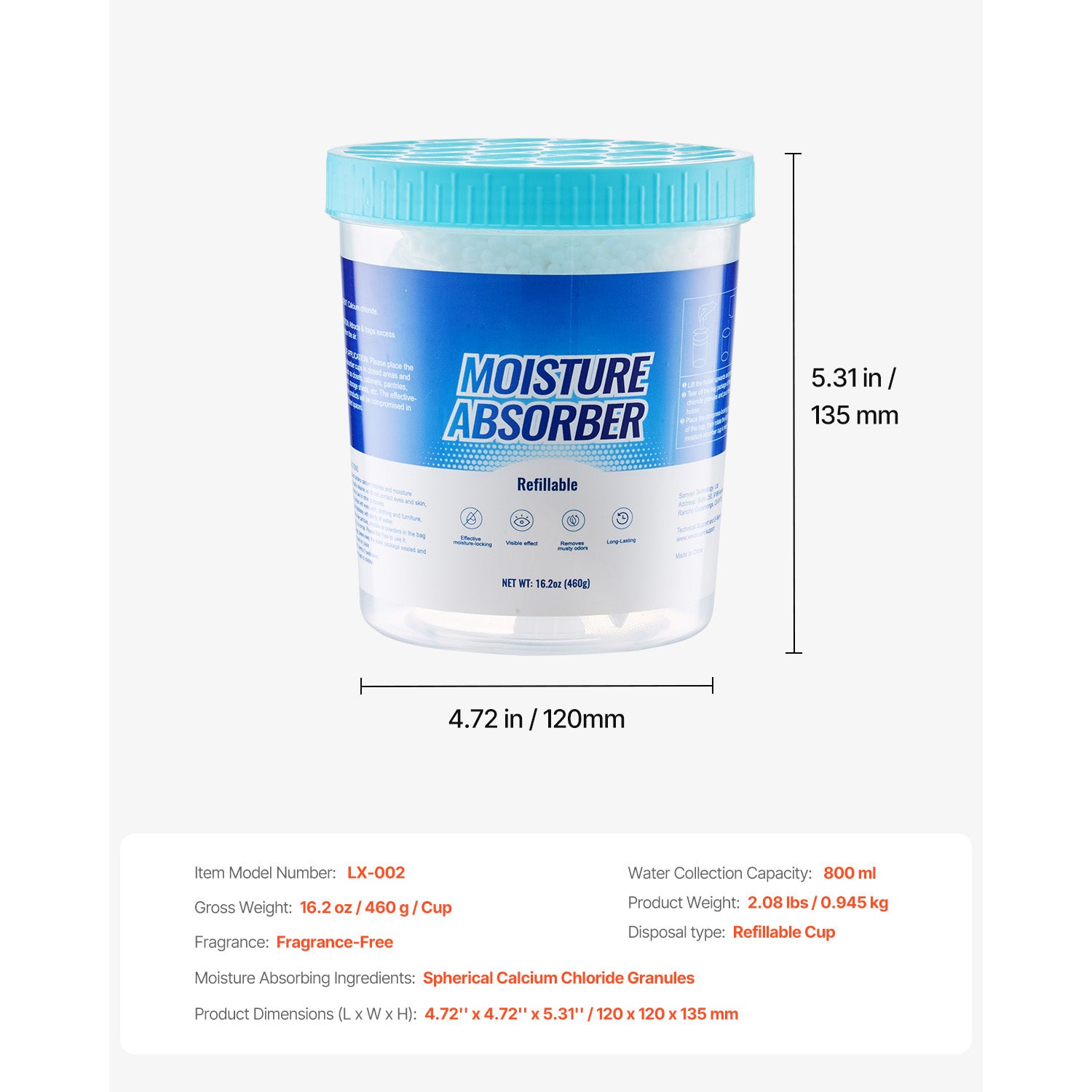 Moisture Absorber Bucket, 2 Packs 16.2 oz Hi-Capacity Moisture Absorber Bucket with 800ml Storage Area & Reusable Outer Bucket for Long-Term Use, Fragrance Free Moisture Absorber for Fresher Air
