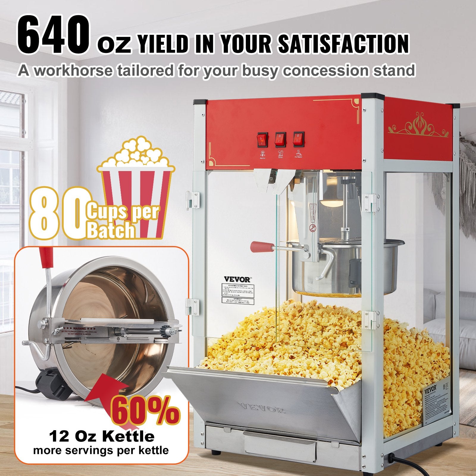 Popcorn Popper Machine 12 Oz Countertop Popcorn Maker 1440W 80 Cups Red