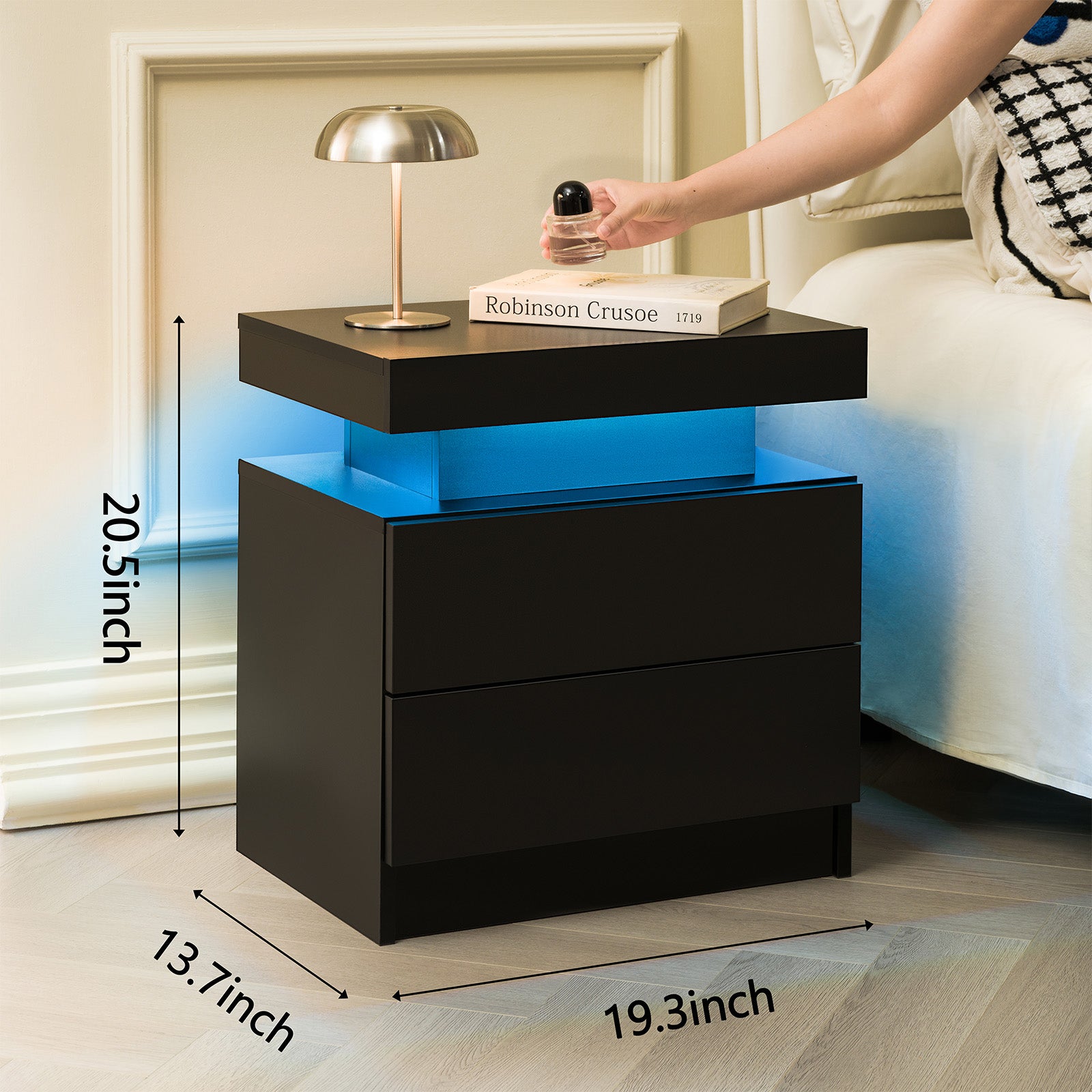 Nightstand LED Bedside Table Cabinet Lights Modern End Side with 2 Drawers for Bedroom (Black)