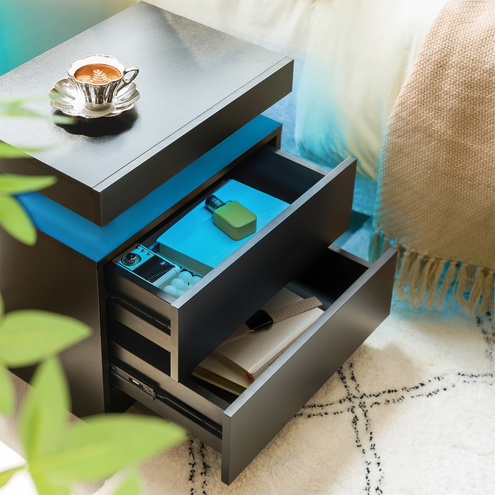 Nightstand LED Bedside Table Cabinet Lights Modern End Side with 2 Drawers for Bedroom (Black)