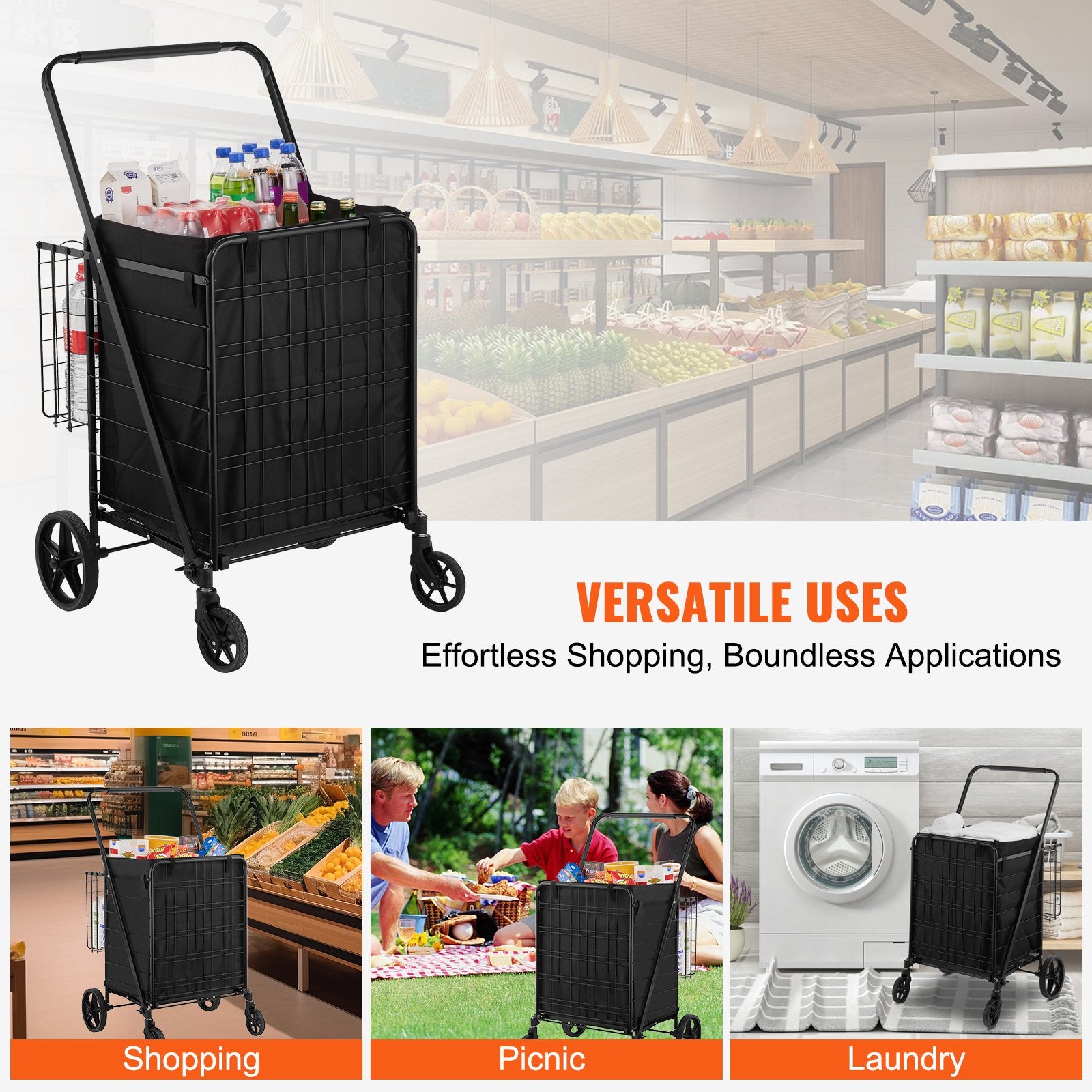 Folding Shopping Cart with Removable Waterproof Liner, 330LBS Large Capacity Jumbo Grocery Cart with Dual Basket, 360° Swivel Wheels, Dense Metal Mesh Base, Heavy Duty Utility Cart for Shopping