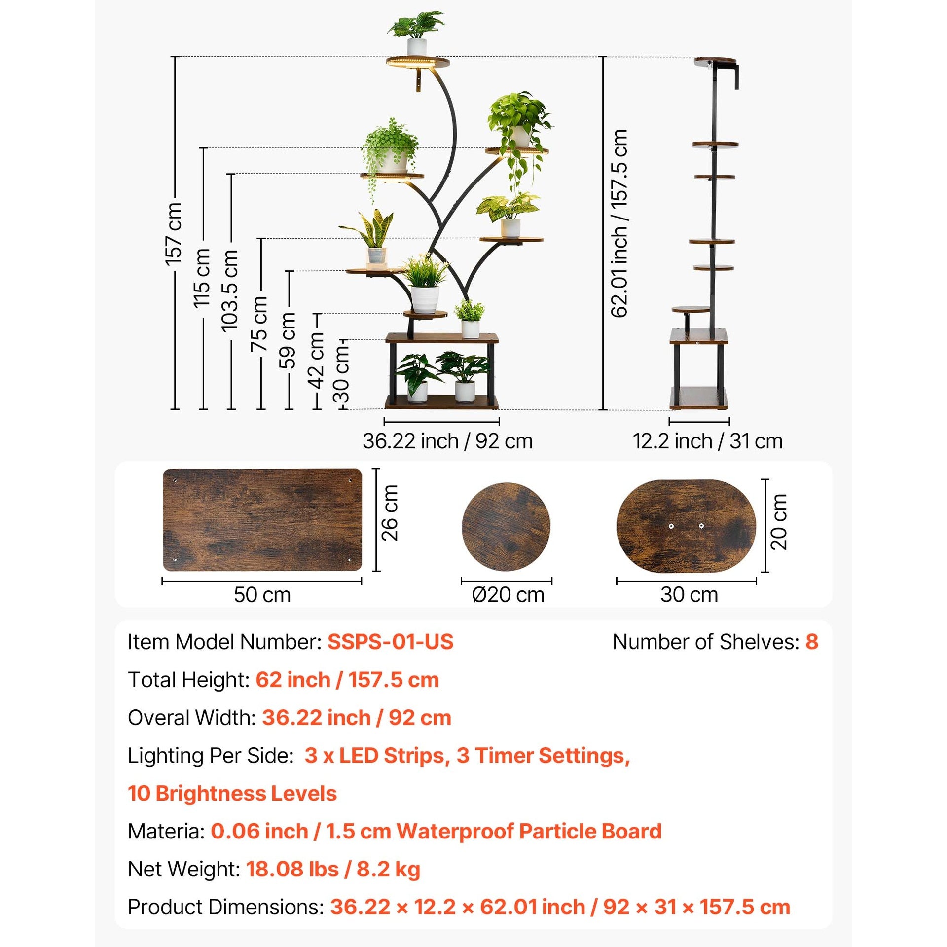 Plant Stand Indoor with Grow Lights, 62 in Tall 8-Tier Lighted Plant Shelf, Metal Corner Plants Holder, 3 Timer & 10 Brightness, Tree-Shaped Flower Display Rack for Living Room Balcony Decor