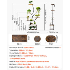 Plant Stand Indoor with Grow Lights, 62 in Tall 8-Tier Lighted Plant Shelf, Metal Corner Plants Holder, 3 Timer & 10 Brightness, Tree-Shaped Flower Display Rack for Living Room Balcony Decor