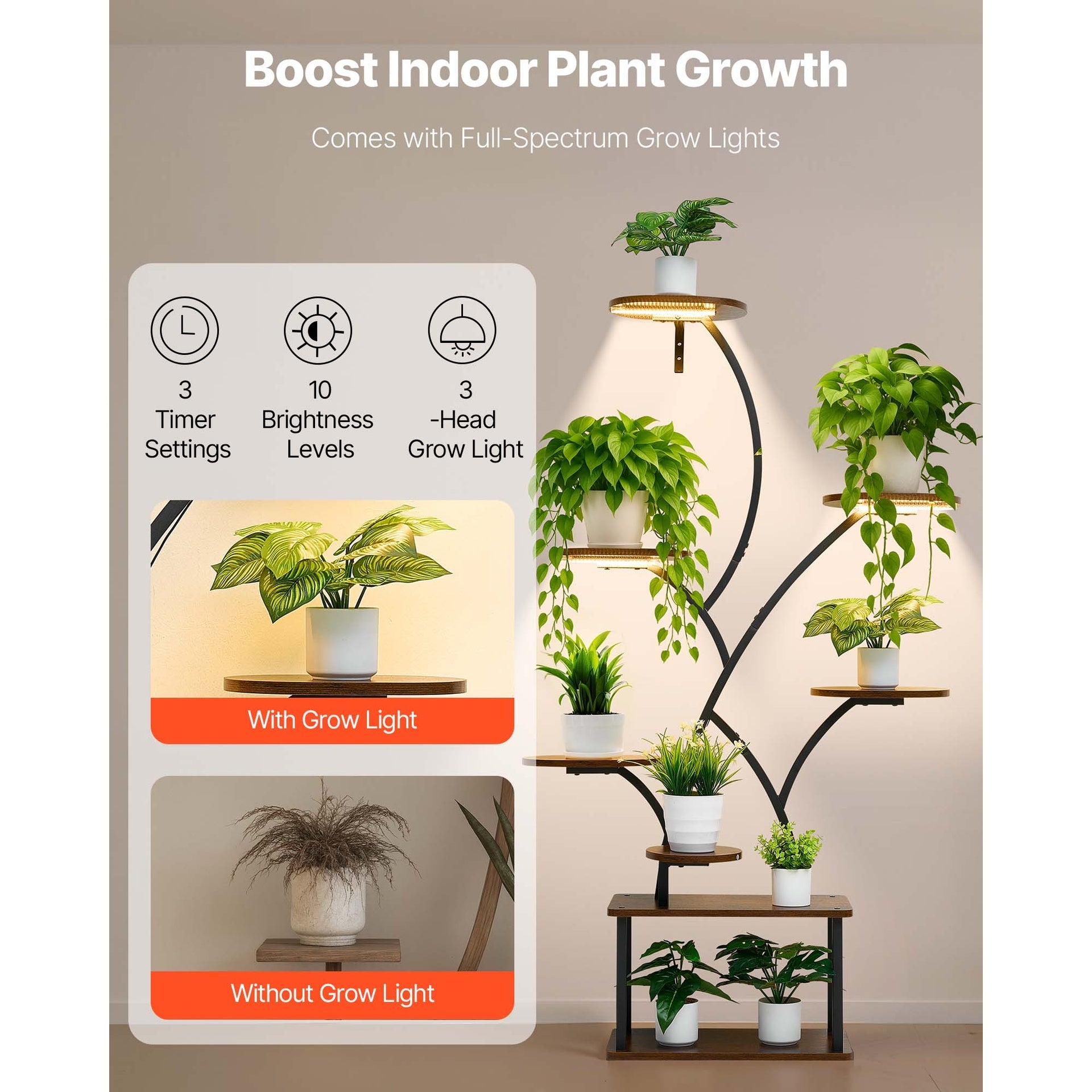 Plant Stand Indoor with Grow Lights, 62 in Tall 8-Tier Lighted Plant Shelf, Metal Corner Plants Holder, 3 Timer & 10 Brightness, Tree-Shaped Flower Display Rack for Living Room Balcony Decor