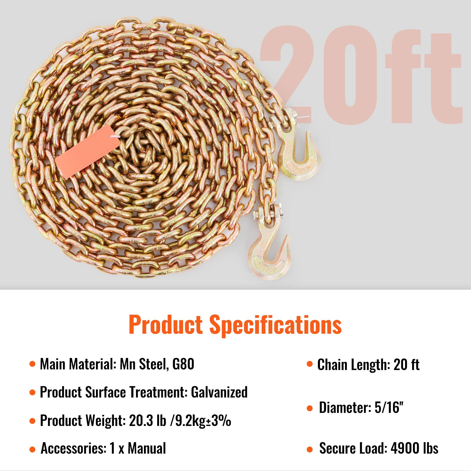 Transport Binder Chain, 4900 lbs Working Load Limit, 5/16'' x 20' G80 Tow Chain Tie Down with Grab Hooks, DOT Certified, Galvanized Coating Manganese Steel for Dock Factory Construction Site