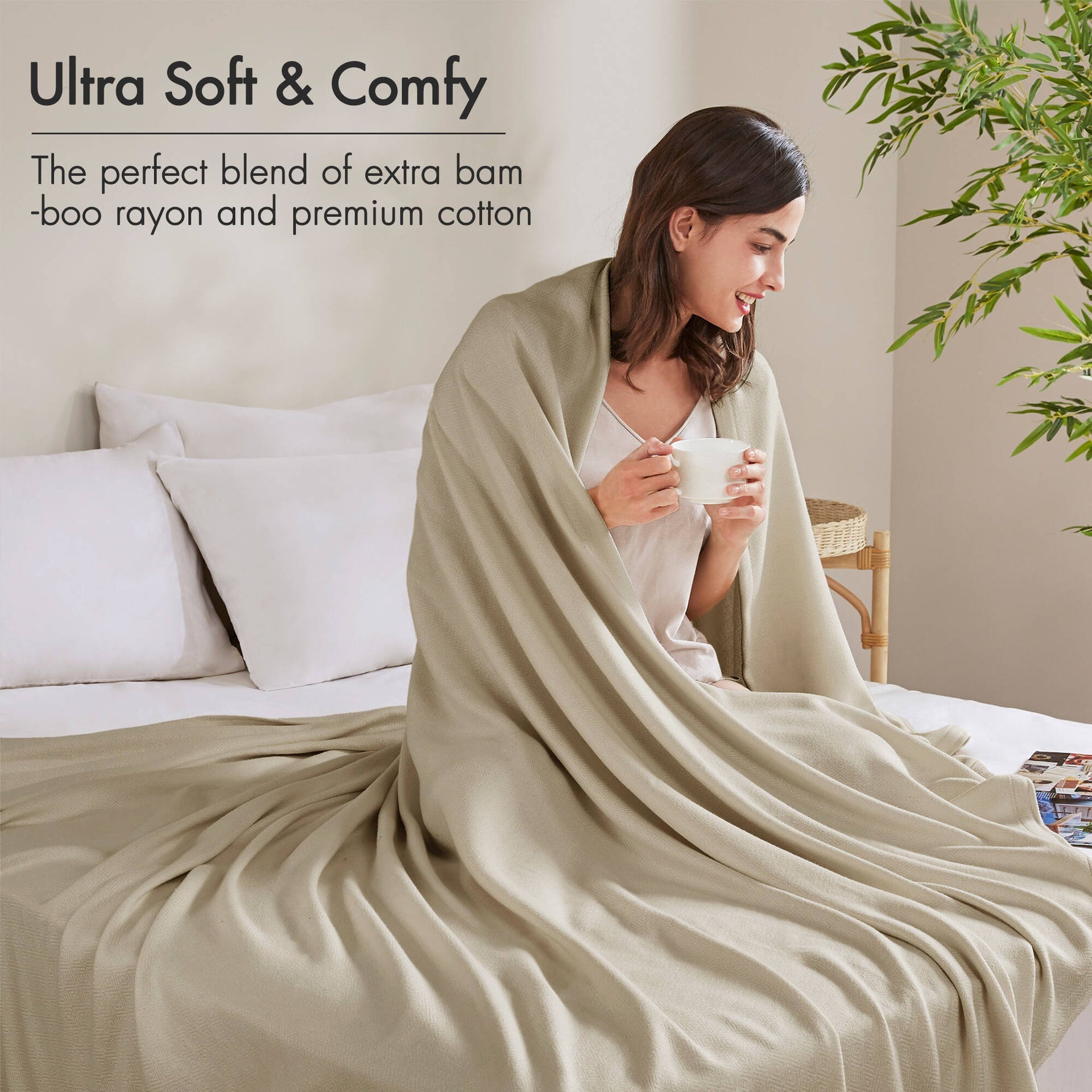 1-Piece Full/Queen Rayon from Bamboo Cotton Blanket, Khaki