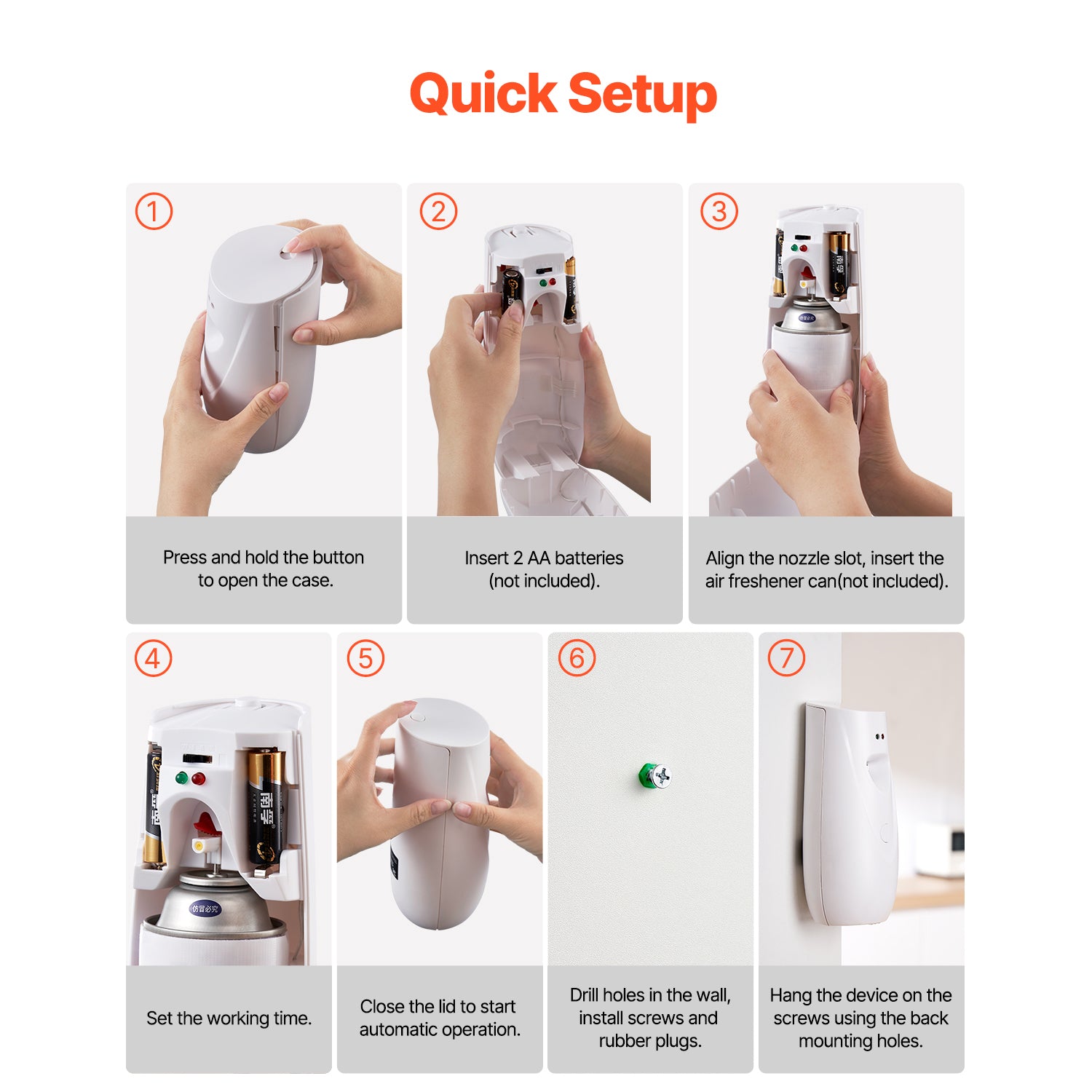Automatic Air Freshener Spray Dispenser, 2-Pack, Wall Mounted or Free Standing, Battery Operated, Multiple Time Settings for Home, Indoor, Bathrooms, Offices, Hotels, Commercial Places, White