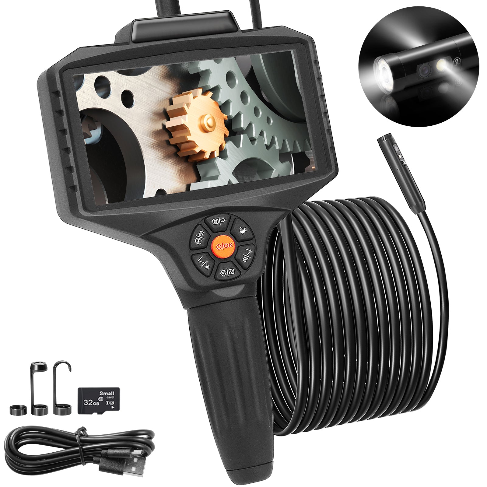 Triple Lens Borescope, 5" IPS Screen Inspection Camera with Lights, 8X Zoom 1080P HD Split Screen, 10 LED Lights Scope Endoscope Camera for Automotive, Plumbing(16.5FT Cable, 32GB Card)