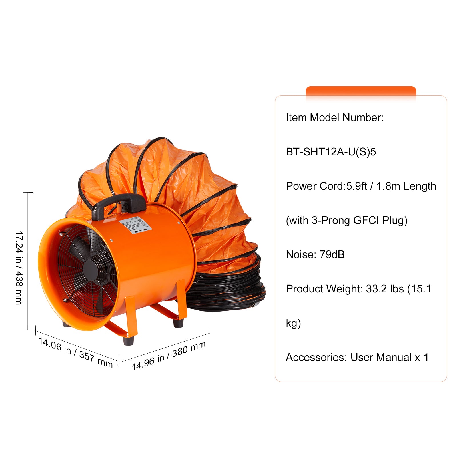 Portable Ventilator, 12 inch Heavy Duty Cylinder Fan with 16.4ft Duct Hose, 585W Strong Shop Exhaust Blower 3198CFM, Industrial Utility Blower for Sucking Dust, Smoke, Smoke Home/Workplace