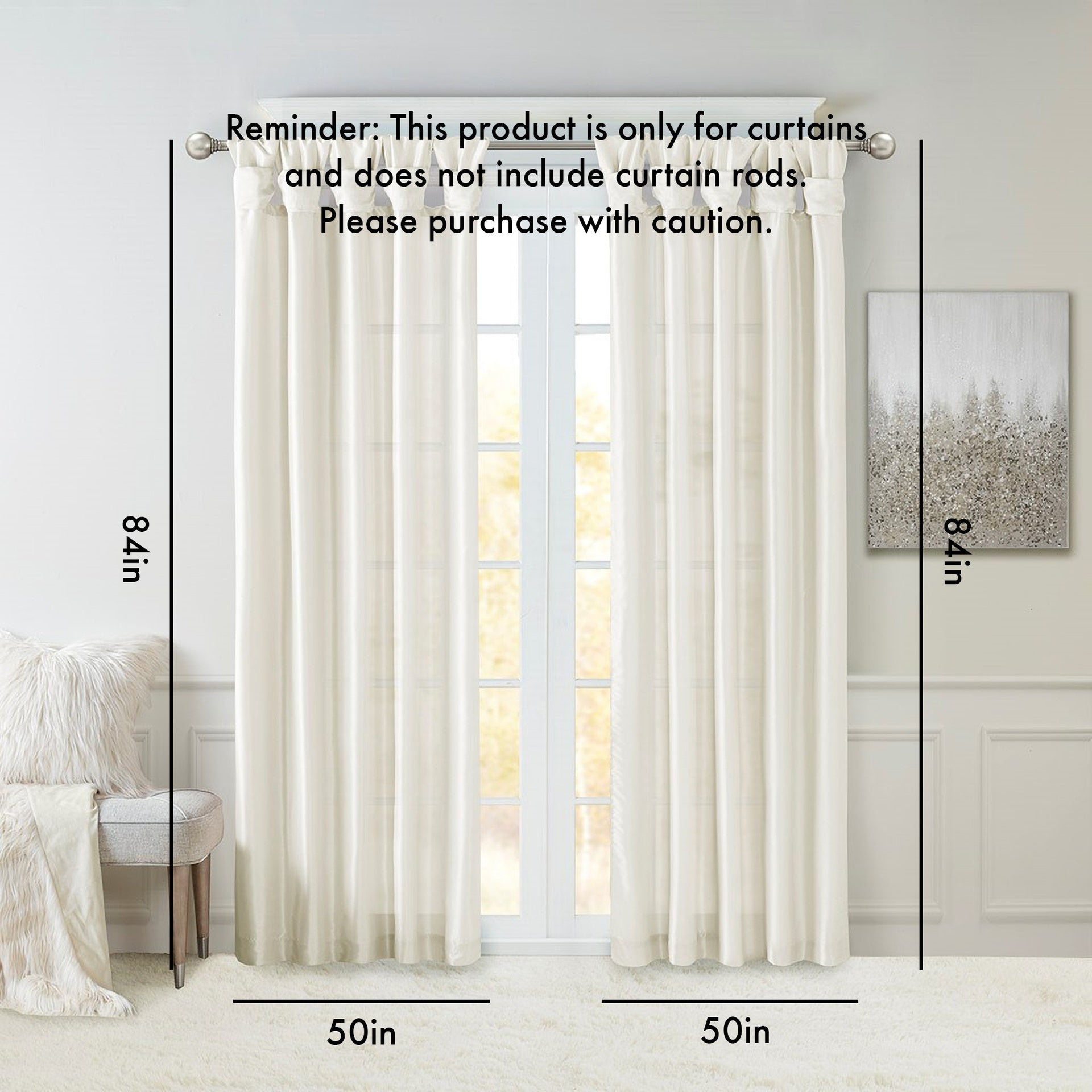 Twist Tab Lined Window Curtain Panel White 50x84"