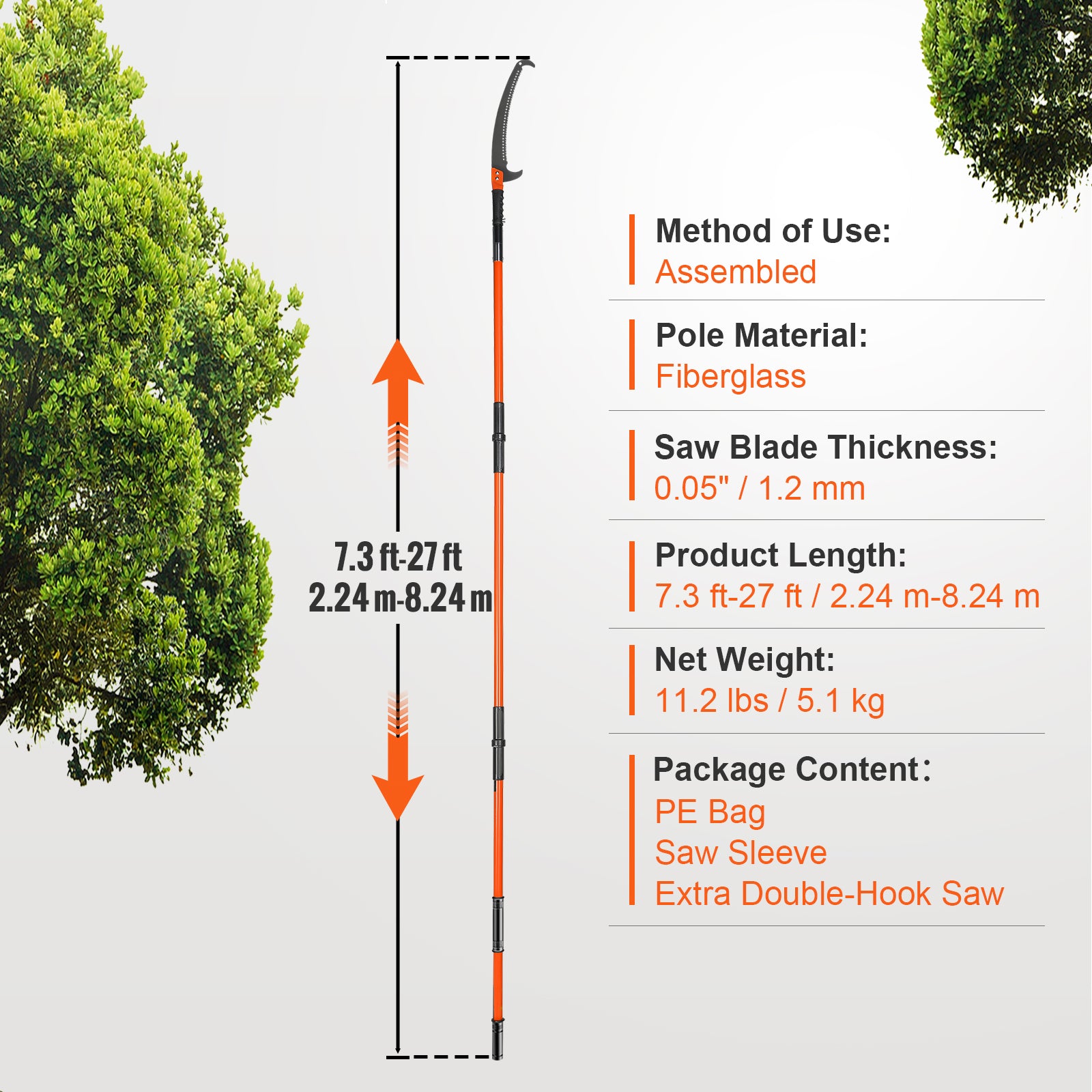 Manual Pole Saw, 7.3-27 ft Extendable Tree Pruner, Sharp Steel Blade High Branches Trimming, Manual Branch Trimmer with Lightweight 8 Fiberglass Handles, for Pruning Palms and Shrubs