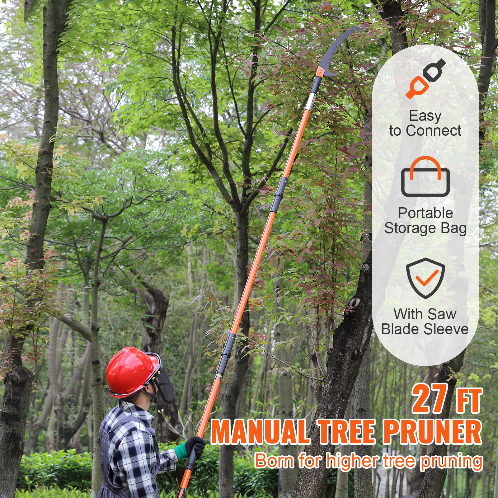 Manual Pole Saw, 7.3-27 ft Extendable Tree Pruner, Sharp Steel Blade High Branches Trimming, Manual Branch Trimmer with Lightweight 8 Fiberglass Handles, for Pruning Palms and Shrubs